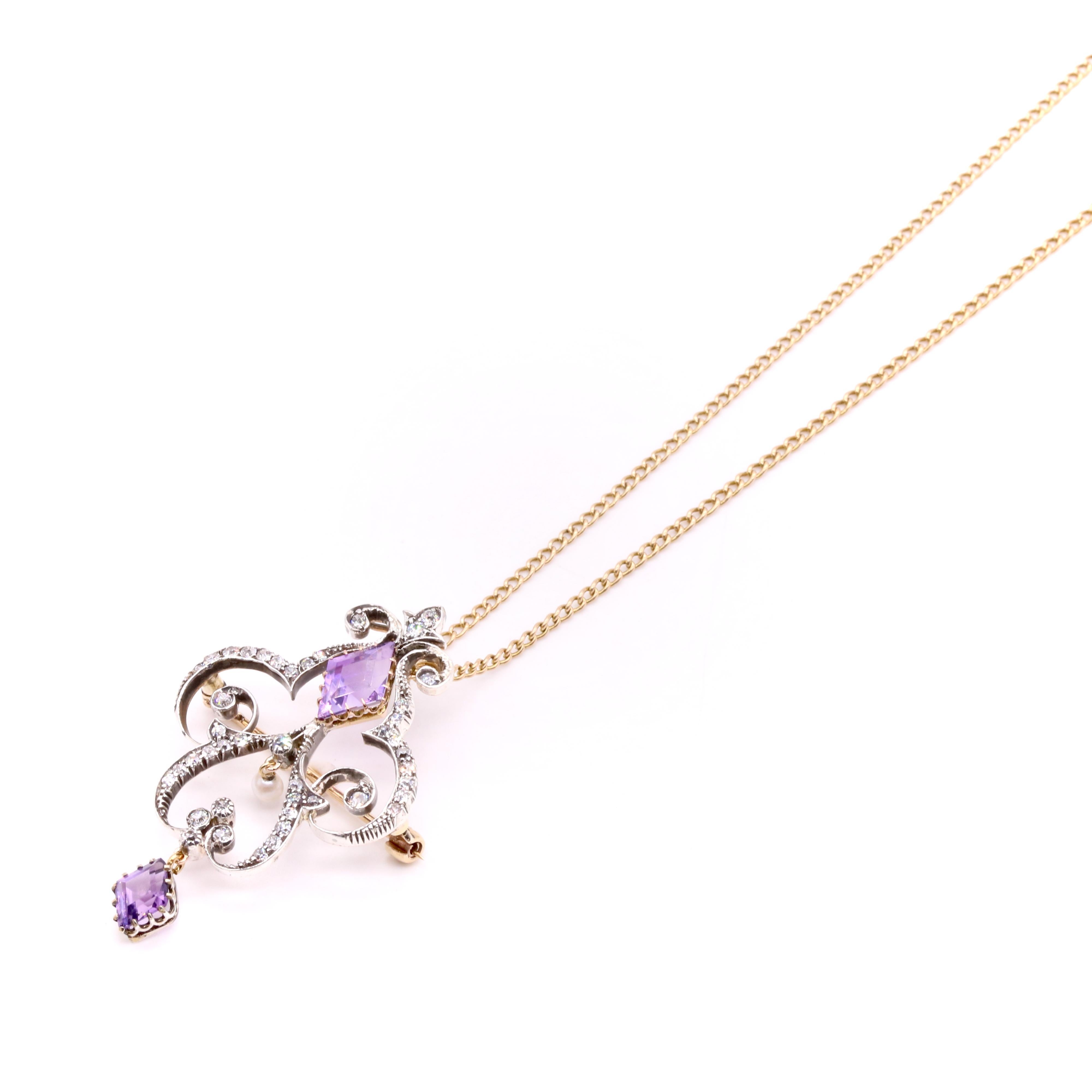 Antique Victorian 15K Gold & Silver Amethyst, Diamond & Pearl Pendant or Brooch For Sale 4