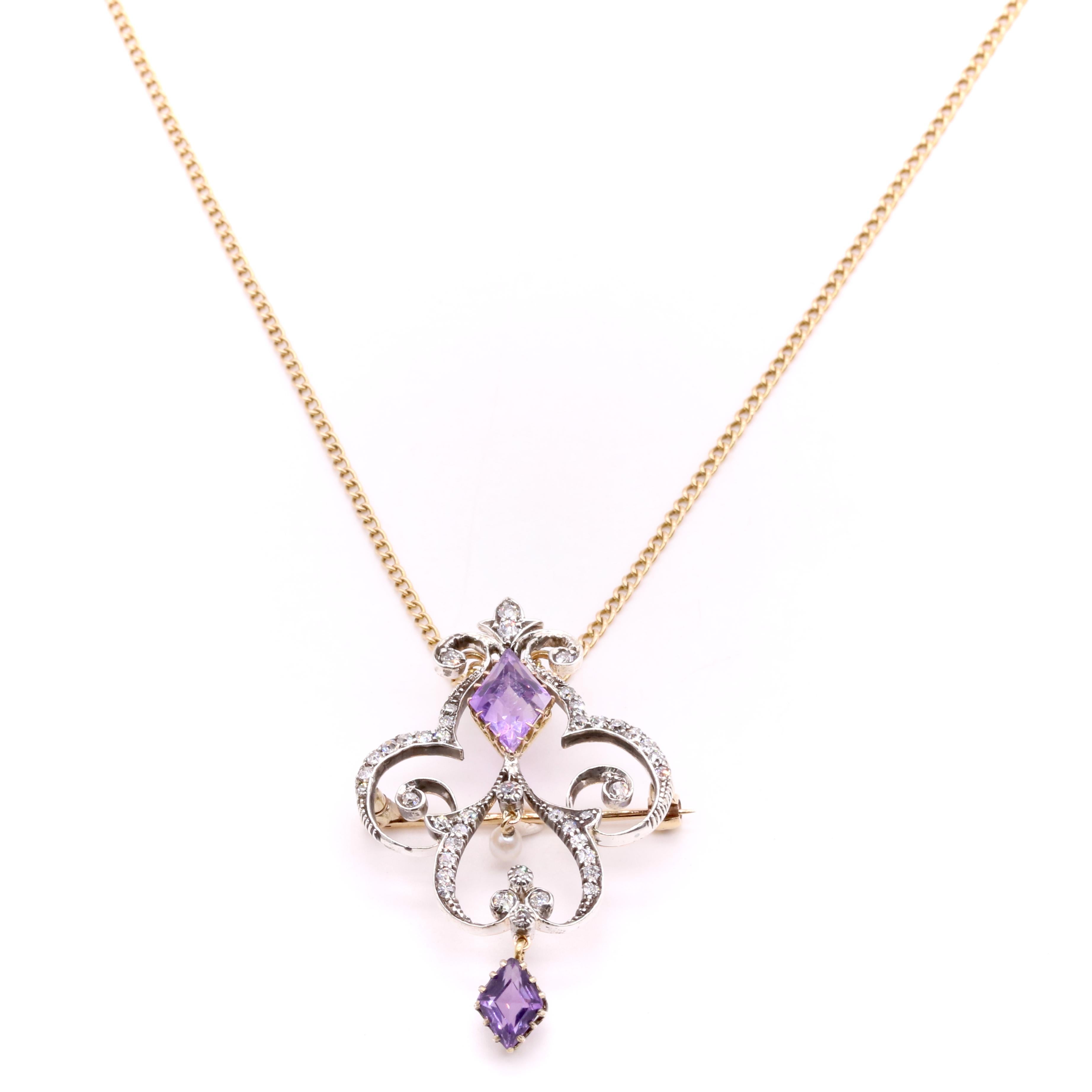 Antique Victorian 15K Gold & Silver Amethyst, Diamond & Pearl Pendant or Brooch For Sale 5