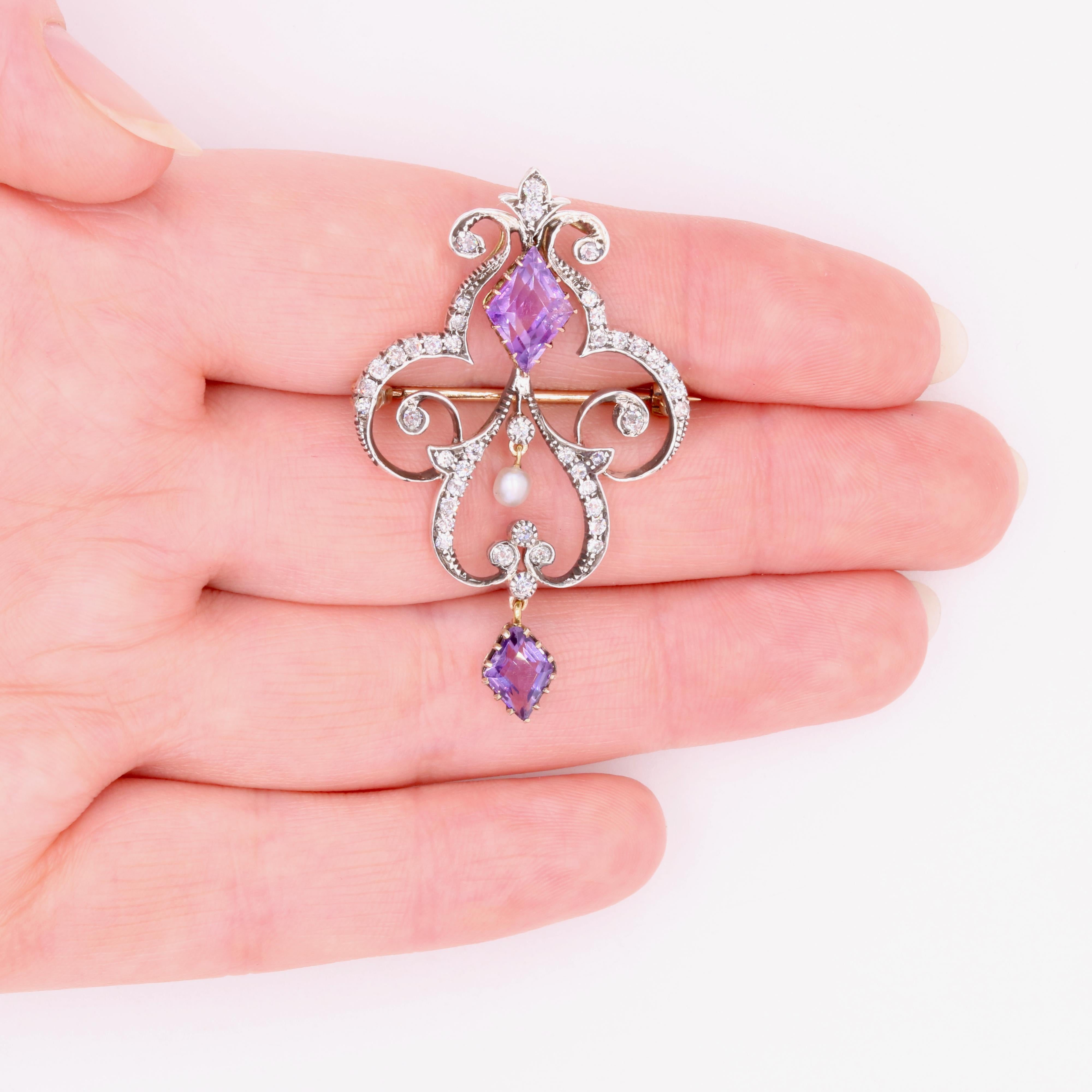 Antique Victorian 15K Gold & Silver Amethyst, Diamond & Pearl Pendant or Brooch For Sale 6