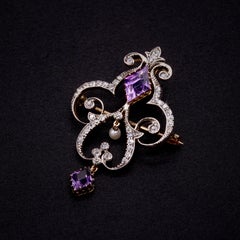 Antiker viktorianischer Anhänger oder Brosche aus 15 Karat Gold und Silber mit Amethyst, Diamant und Perle