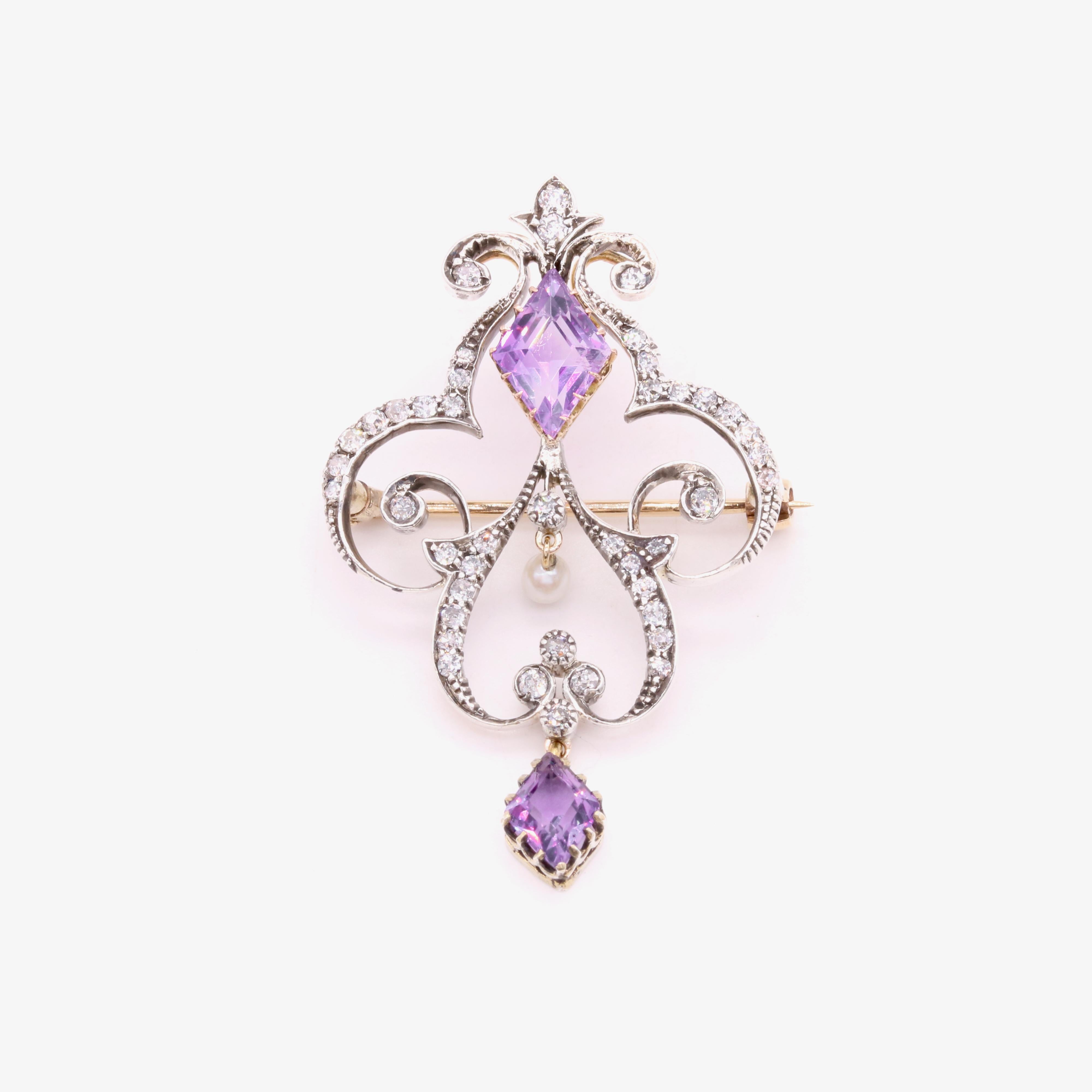 Edwardian Antique Victorian 15K Gold & Silver Amethyst, Diamond & Pearl Pendant or Brooch For Sale