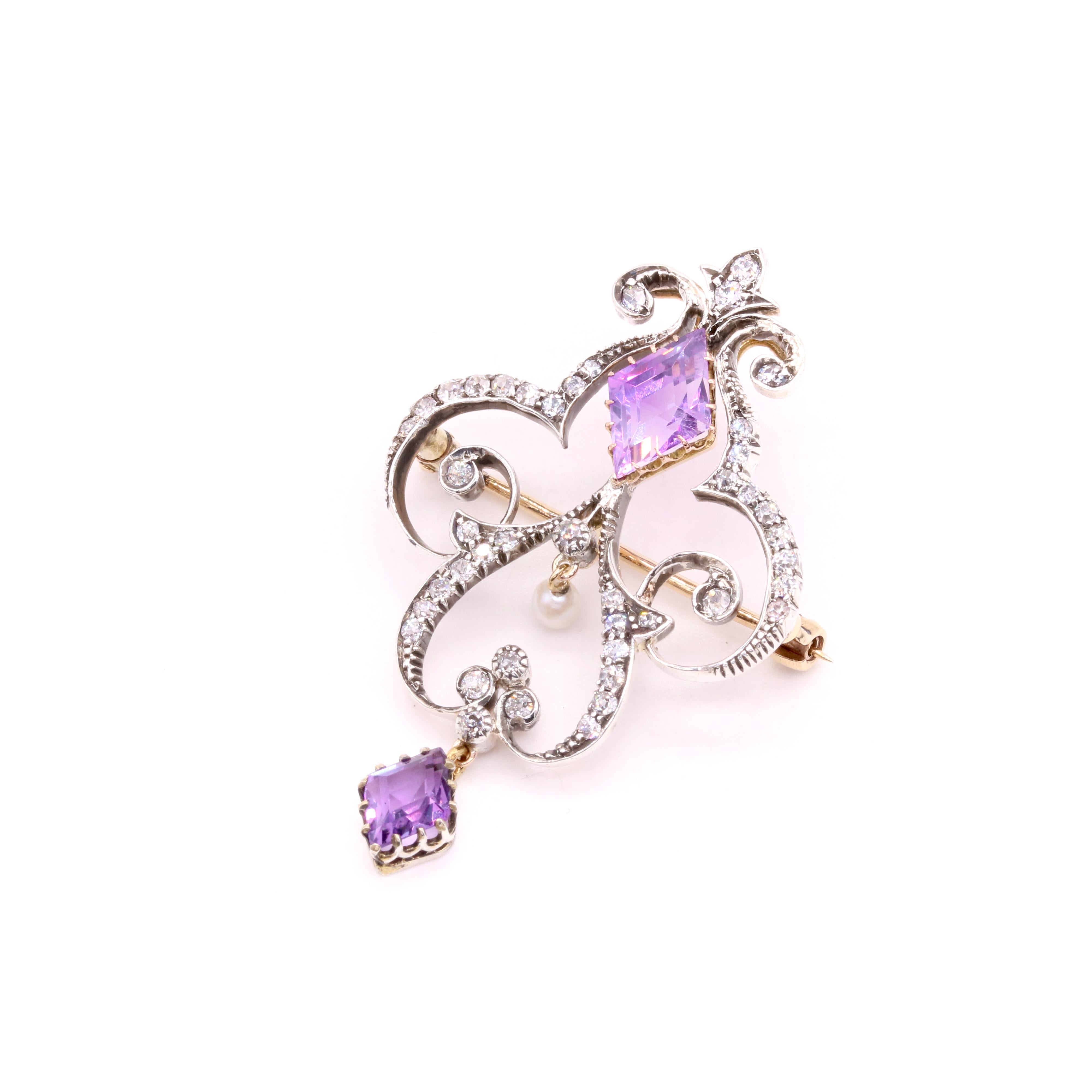 Kite Cut Antique Victorian 15K Gold & Silver Amethyst, Diamond & Pearl Pendant or Brooch For Sale