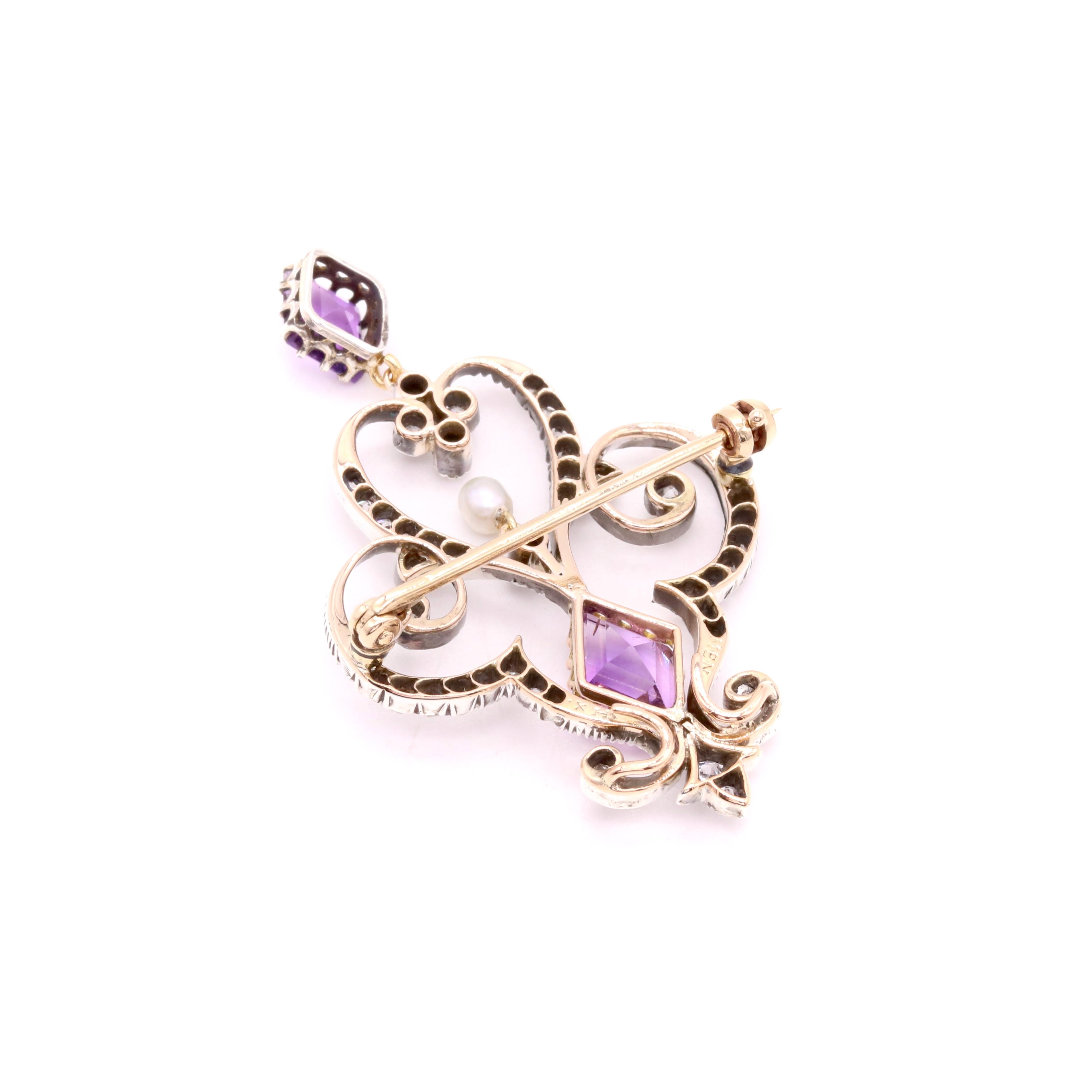 Antique Victorian 15K Gold & Silver Amethyst, Diamond & Pearl Pendant or Brooch For Sale 2