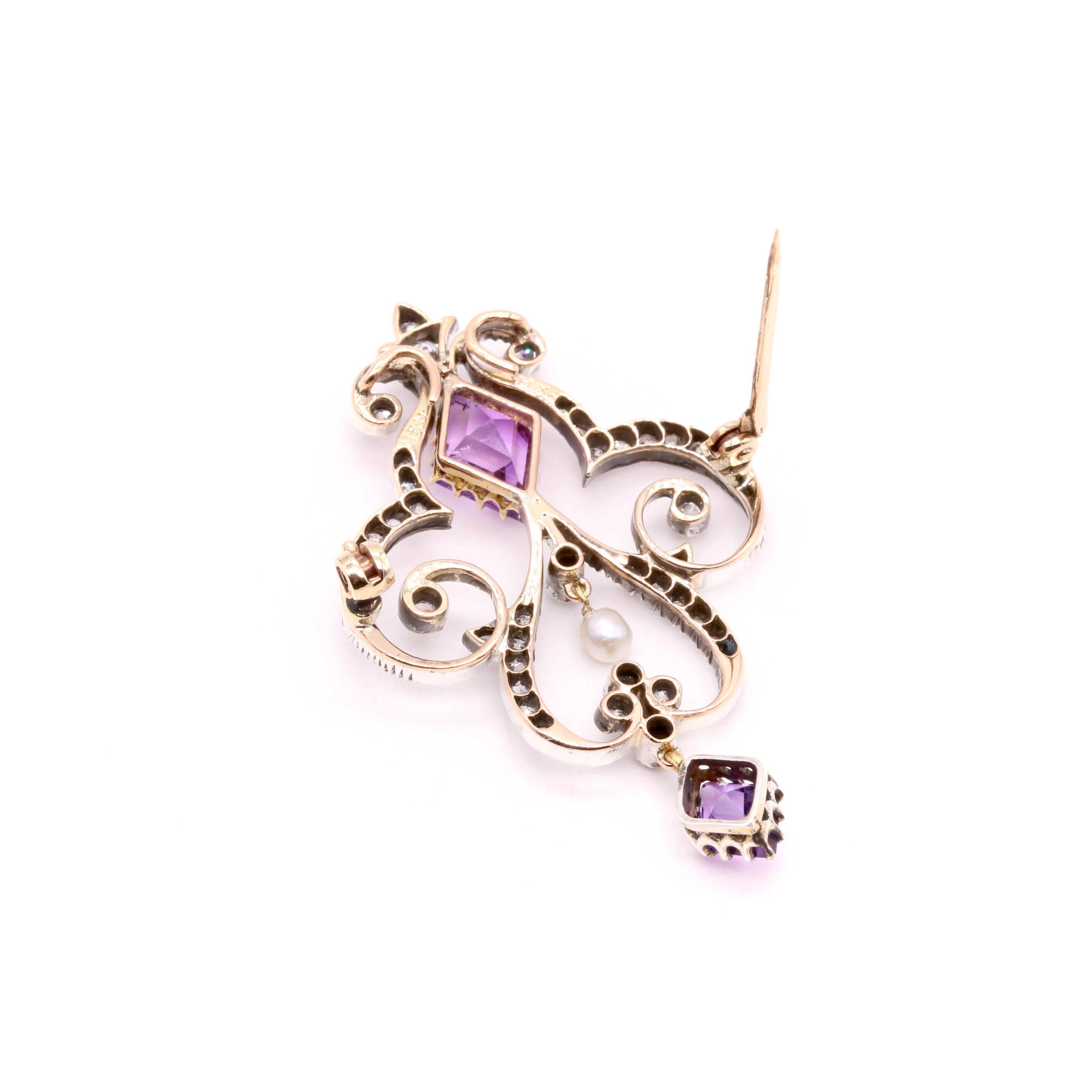 Antique Victorian 15K Gold & Silver Amethyst, Diamond & Pearl Pendant or Brooch For Sale 3