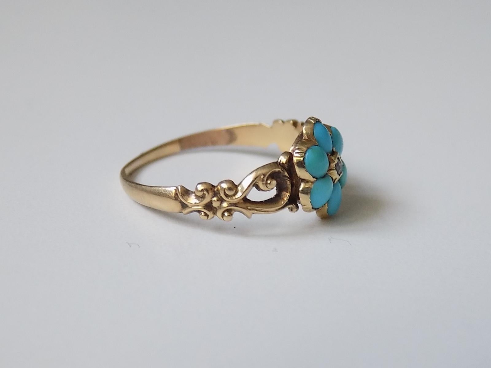 Antiker viktorianischer 15 Karat Gold Türkis Diamant Vergissmeinnicht Ring (Viktorianisch)