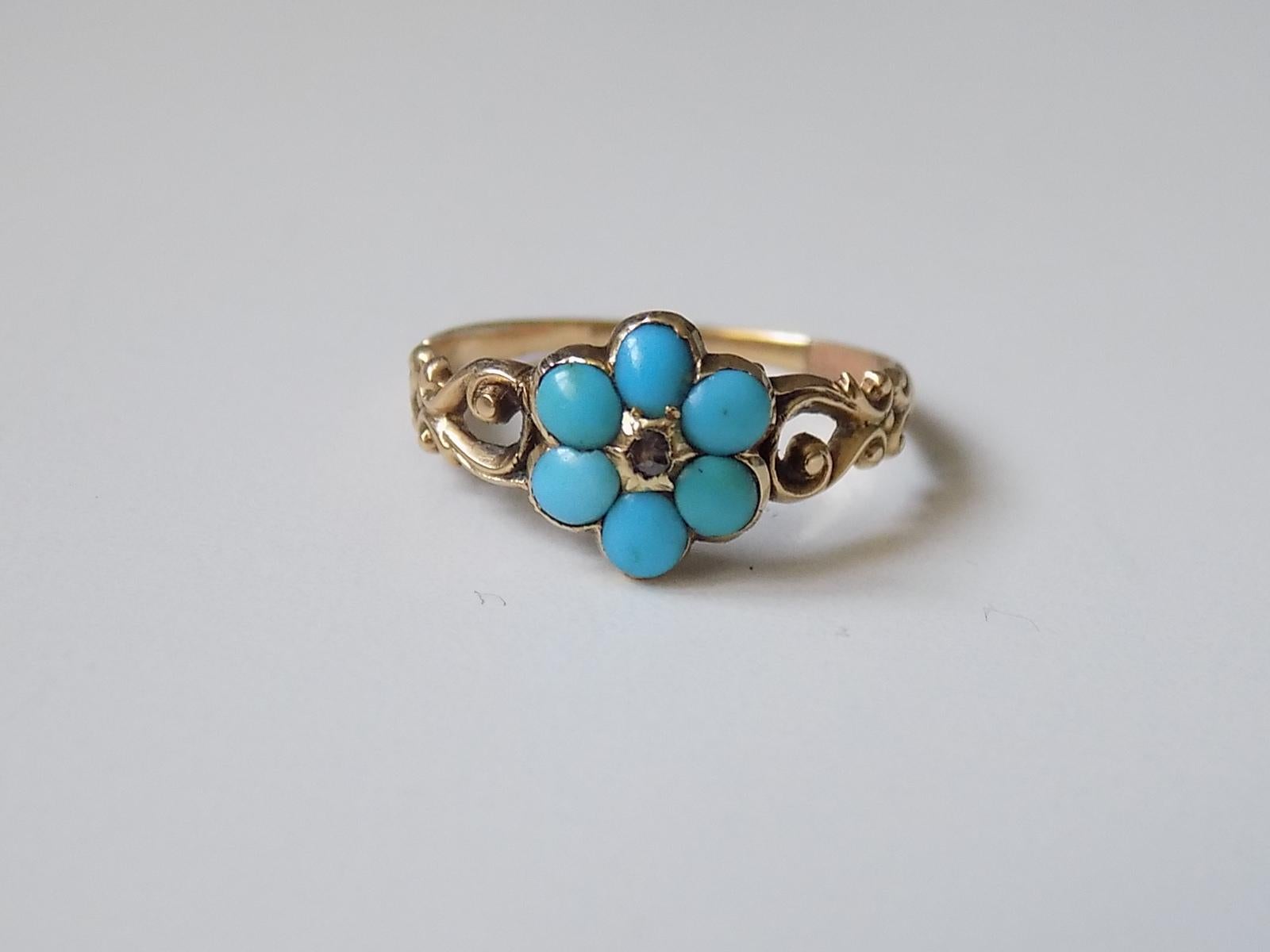 Antiker viktorianischer 15 Karat Gold Türkis Diamant Vergissmeinnicht Ring im Zustand „Gut“ in Boston, Lincolnshire