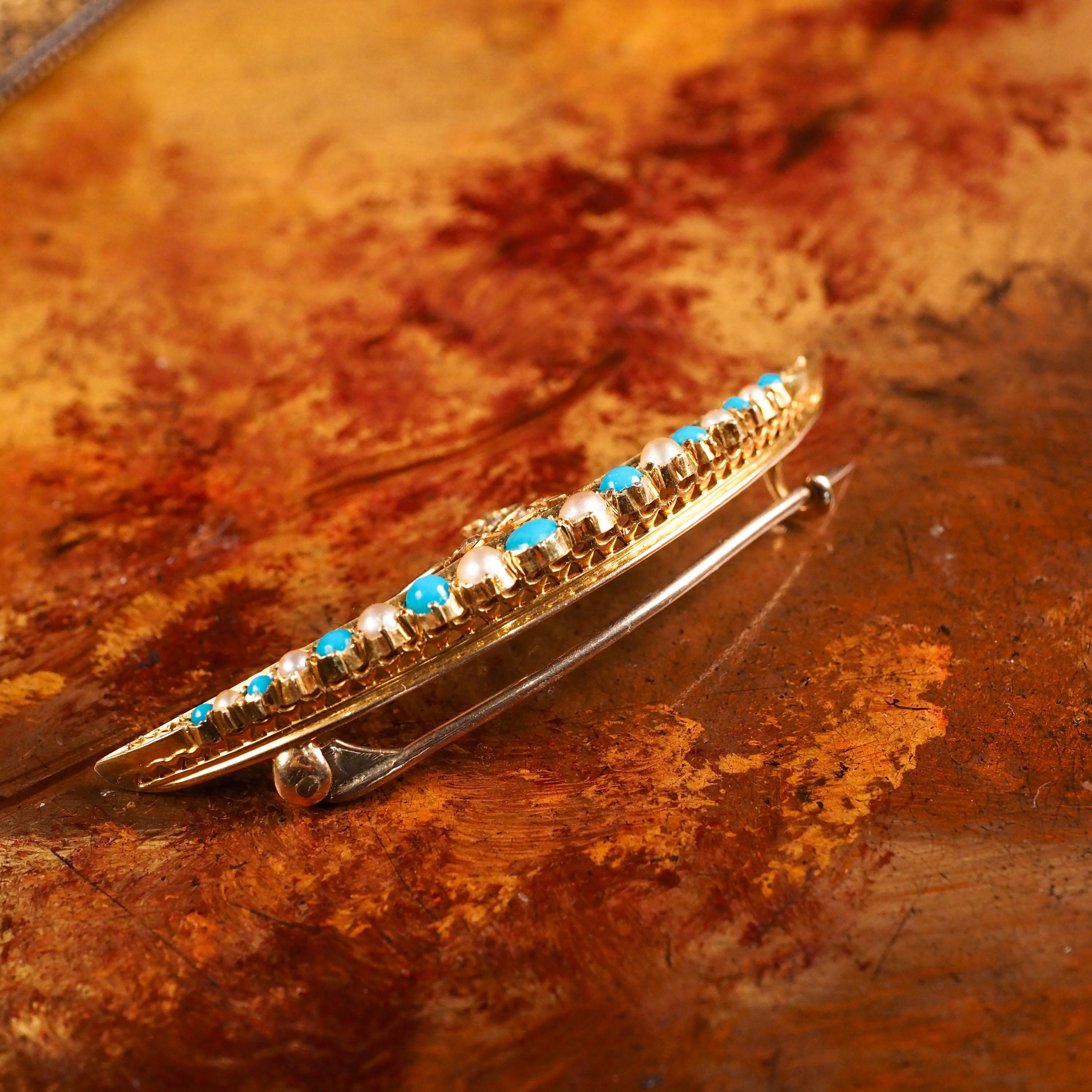 Antique Victorian 15k Gold Turquoise, Pearl & Diamond Crescent Brooch, c.1900 For Sale 4
