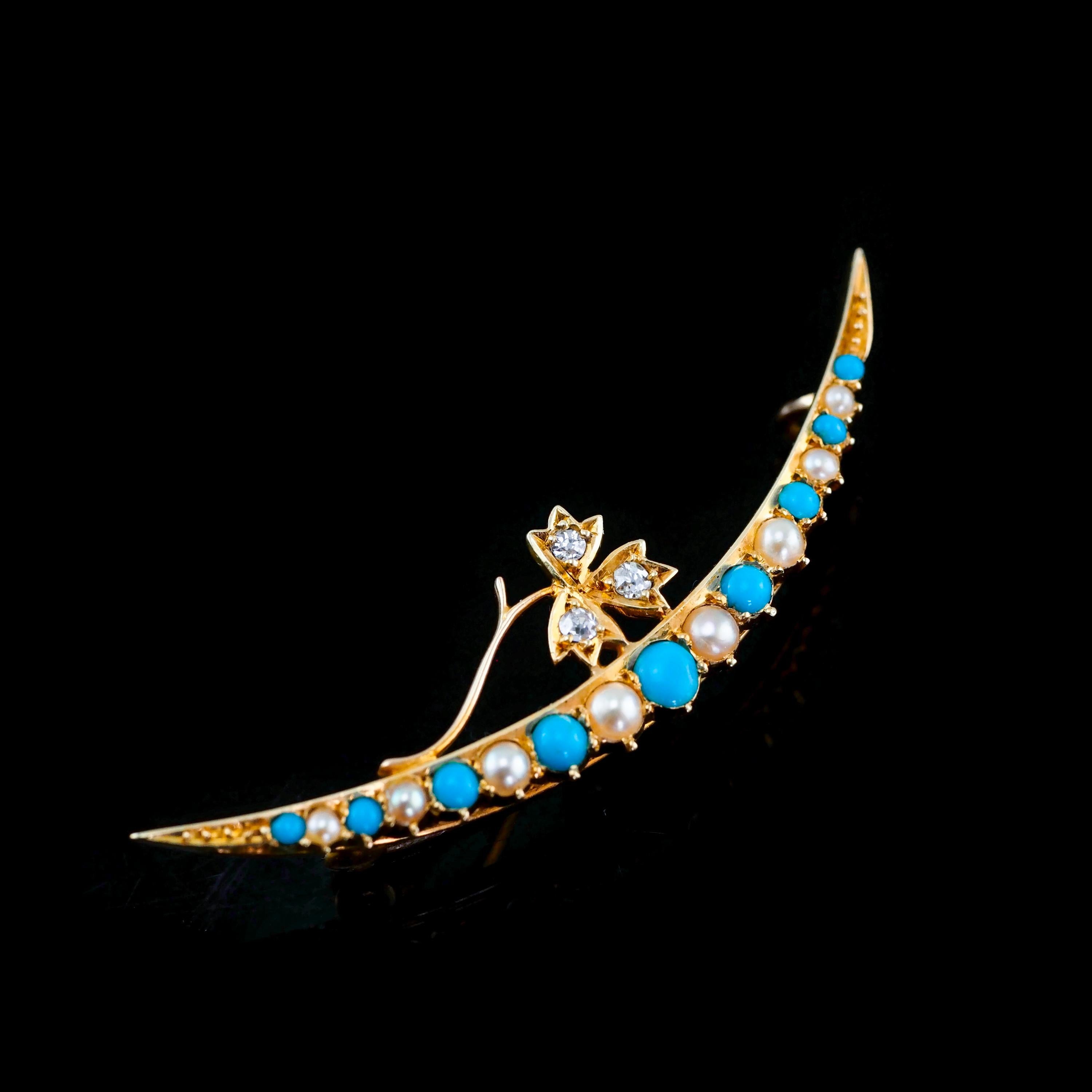 Antique Victorian 15k Gold Turquoise, Pearl & Diamond Crescent Brooch, c.1900 For Sale 6
