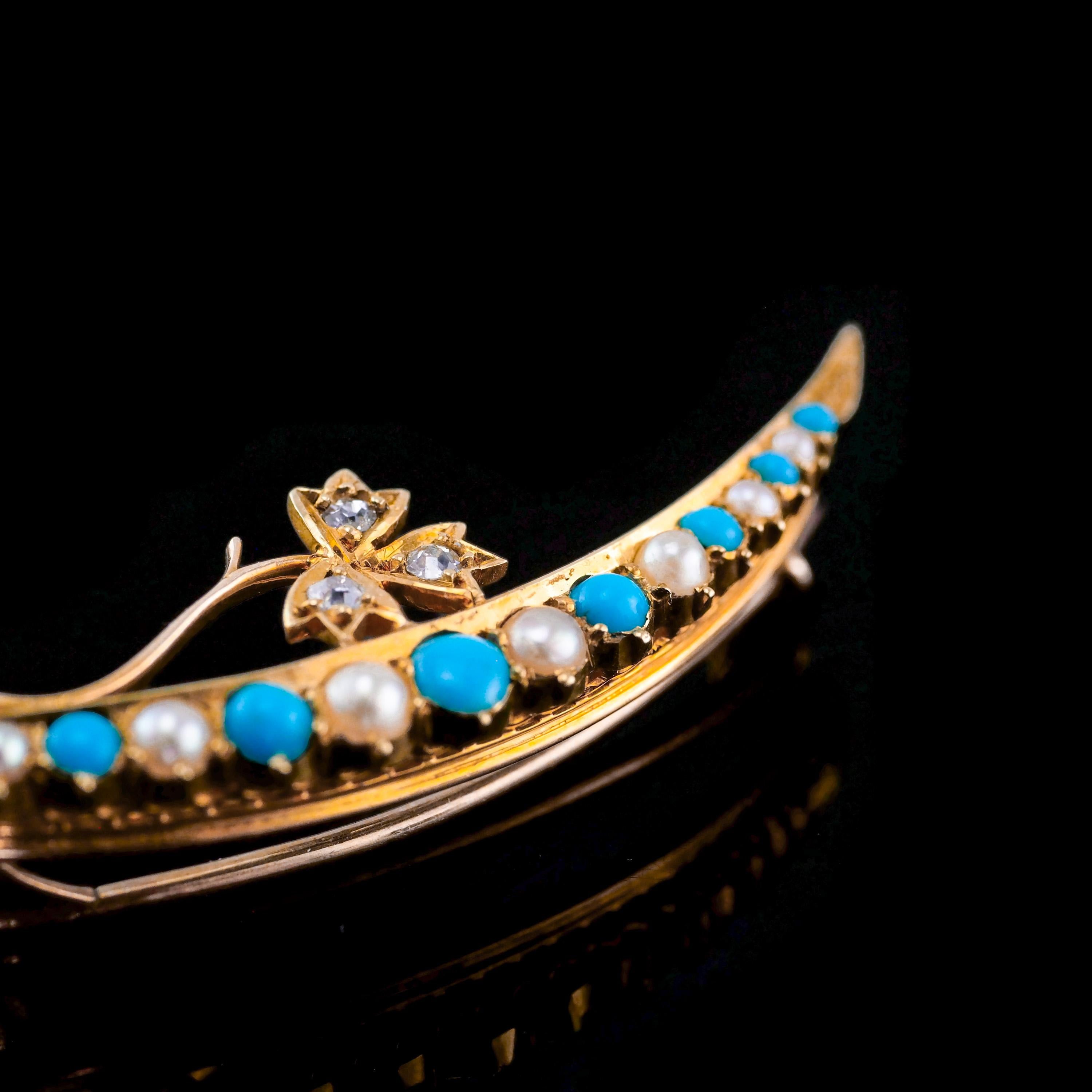 Antique Victorian 15k Gold Turquoise, Pearl & Diamond Crescent Brooch, c.1900 For Sale 7