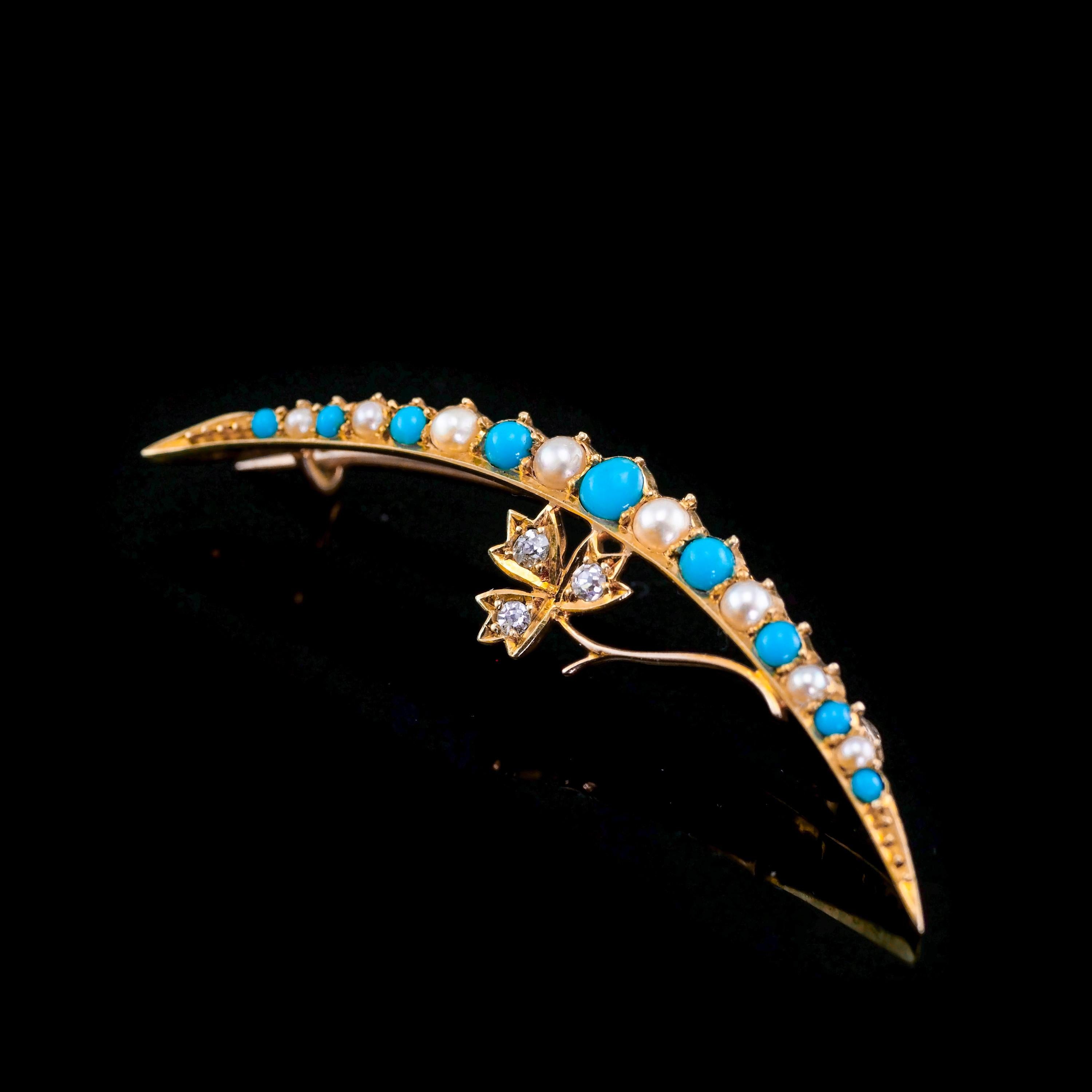 Antique Victorian 15k Gold Turquoise, Pearl & Diamond Crescent Brooch, c.1900 For Sale 8