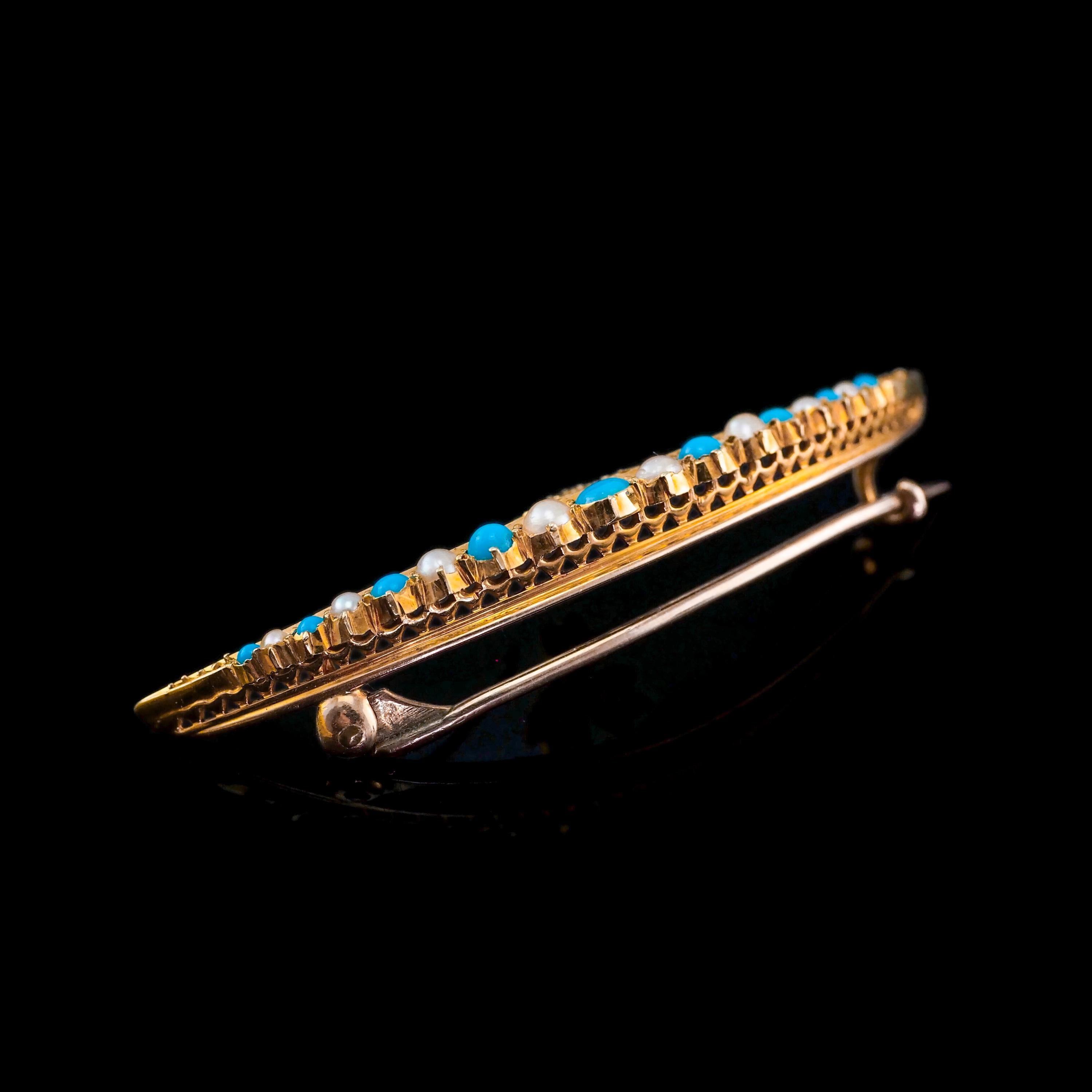 Antique Victorian 15k Gold Turquoise, Pearl & Diamond Crescent Brooch, c.1900 For Sale 9
