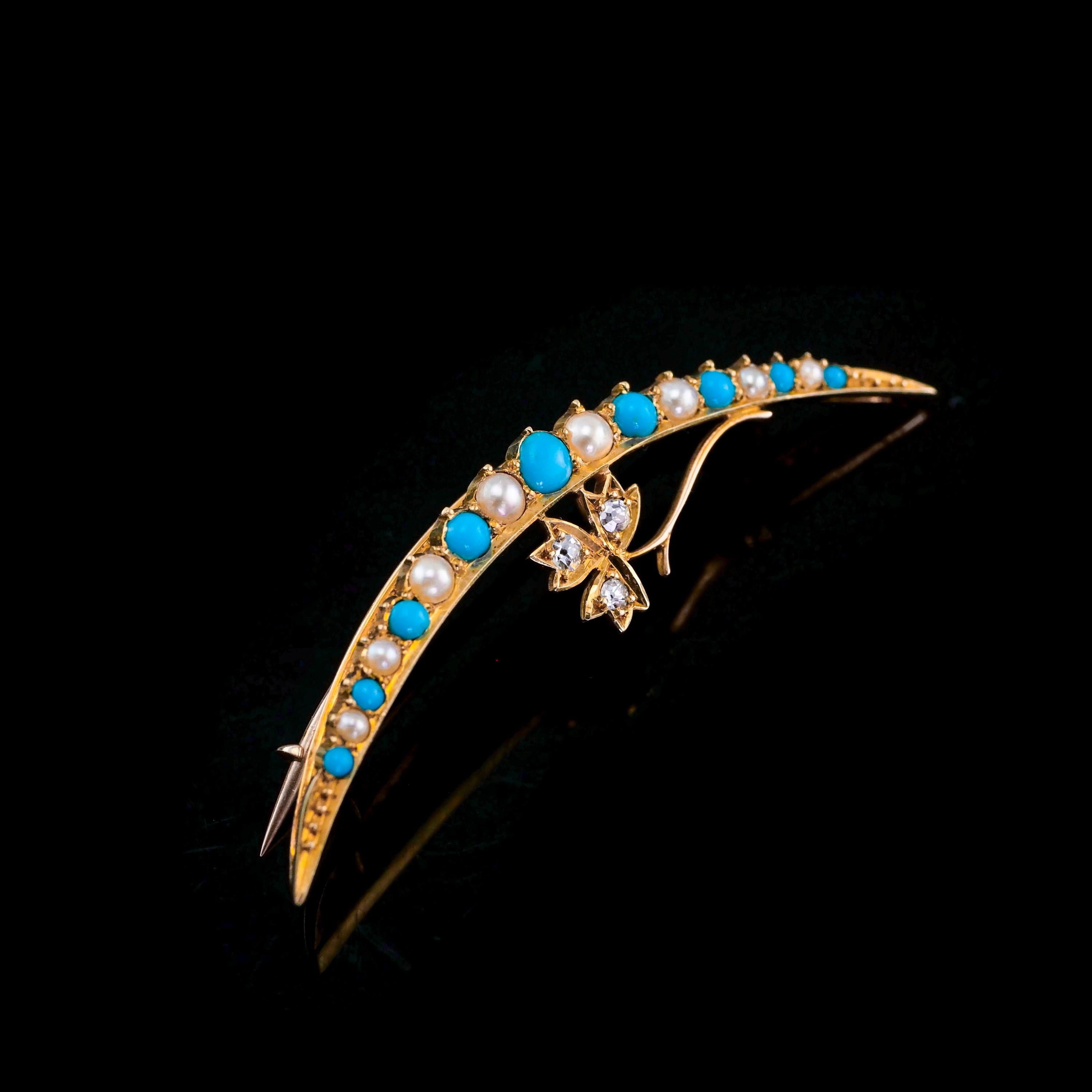 Antique Victorian 15k Gold Turquoise, Pearl & Diamond Crescent Brooch, c.1900 For Sale 10