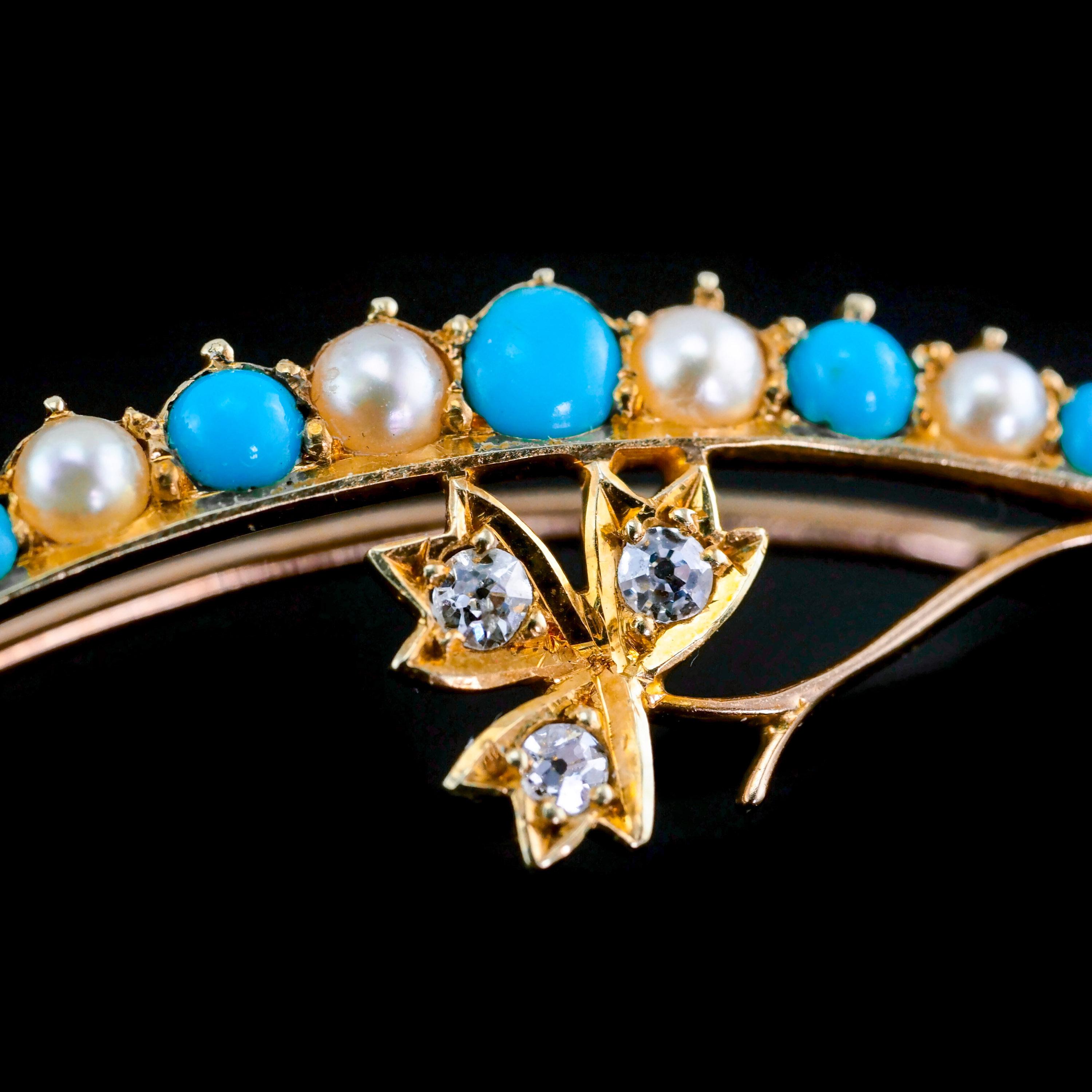 Antique Victorian 15k Gold Turquoise, Pearl & Diamond Crescent Brooch, c.1900 For Sale 12