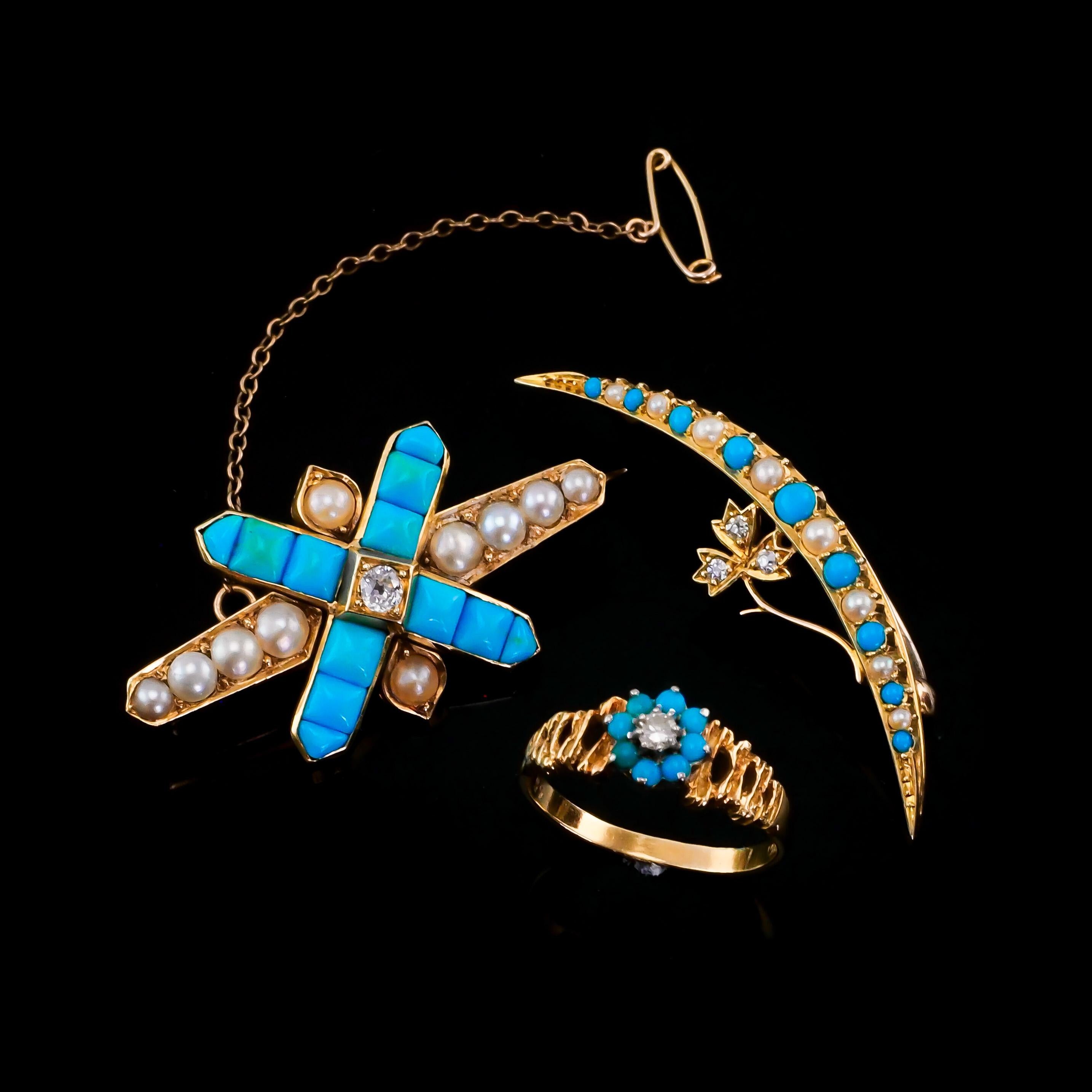 Antique Victorian 15k Gold Turquoise, Pearl & Diamond Crescent Brooch, c.1900 For Sale 13