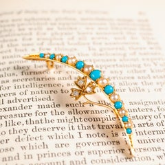 Antique Victorian 15k Gold Turquoise, Pearl & Diamond Crescent Brooch, c.1900