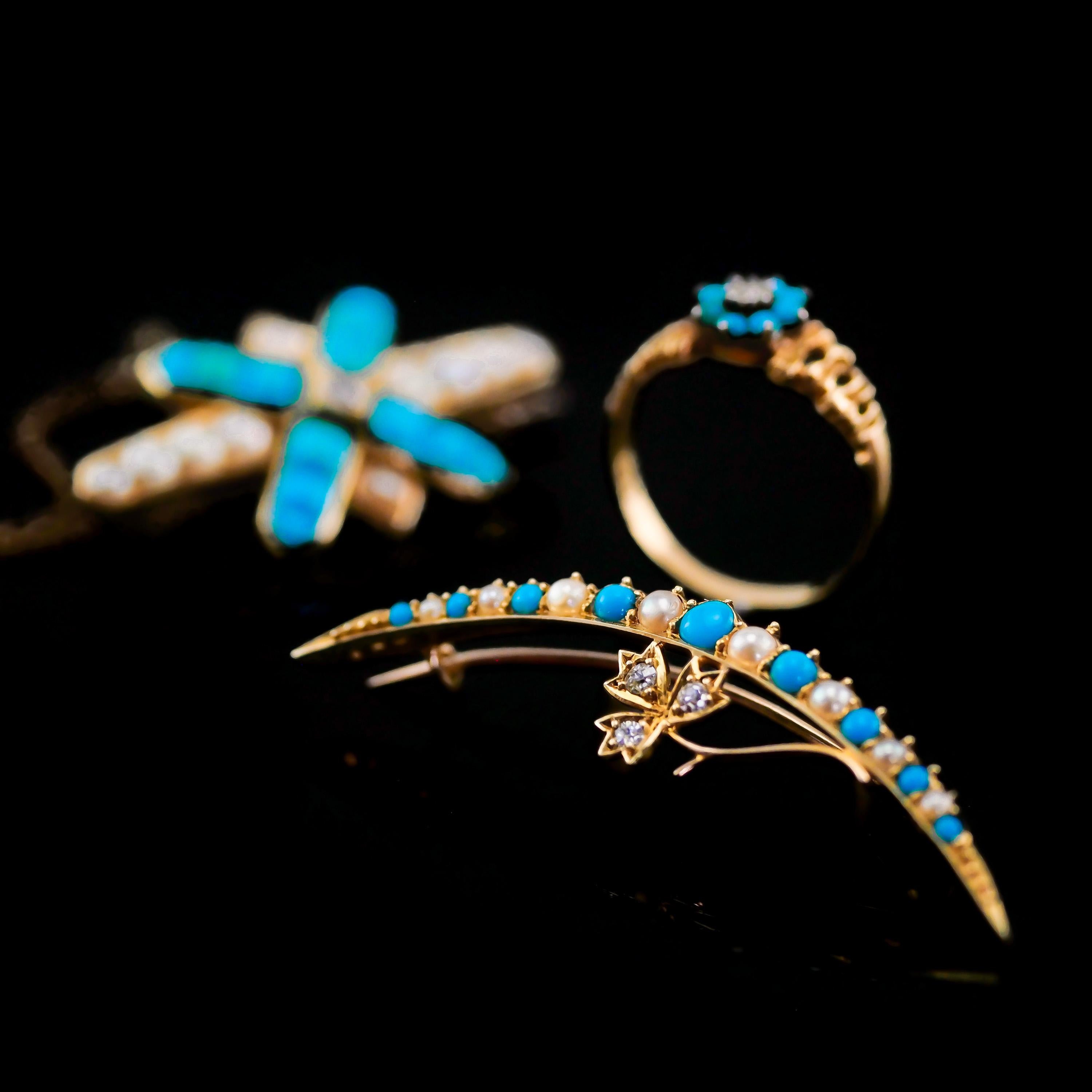 Antique Victorian 15k Gold Turquoise, Pearl & Diamond Crescent Brooch, c.1900 For Sale 15
