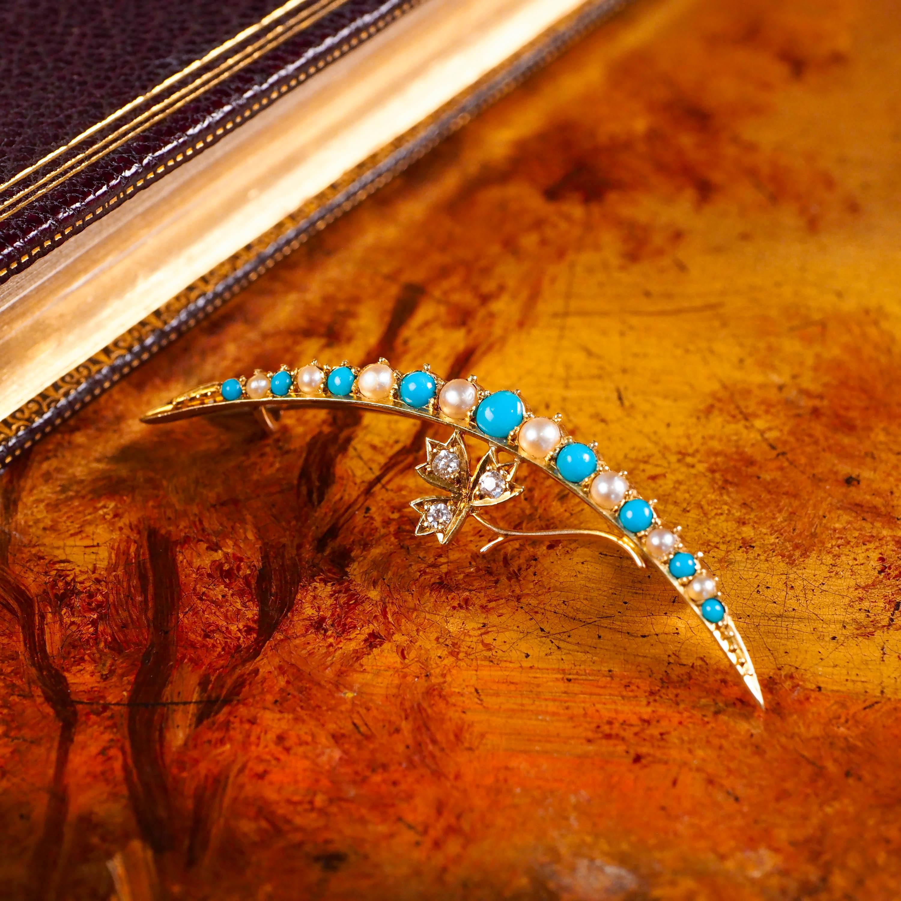 Round Cut Antique Victorian 15k Gold Turquoise, Pearl & Diamond Crescent Brooch, c.1900 For Sale