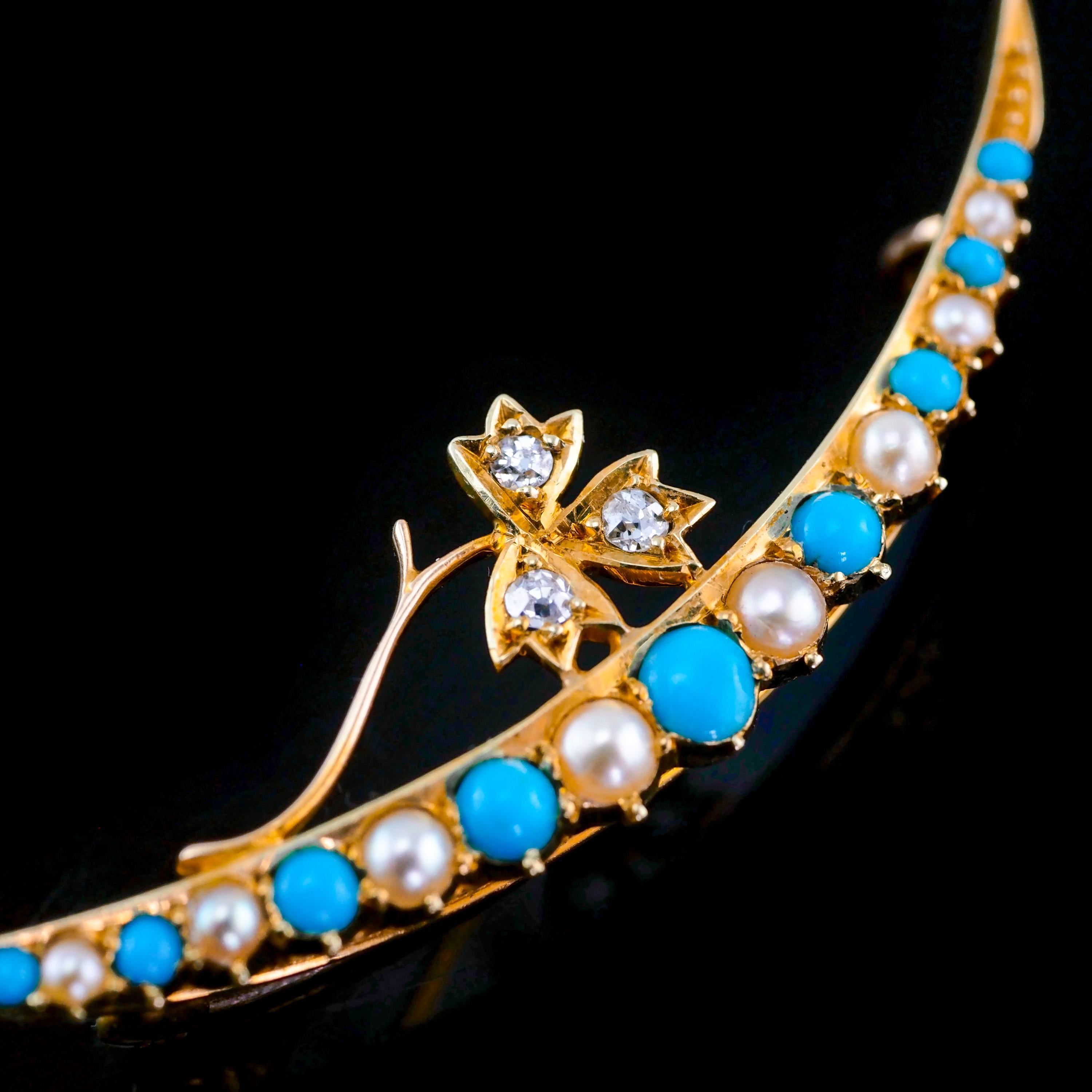 Women's or Men's Antique Victorian 15k Gold Turquoise, Pearl & Diamond Crescent Brooch, c.1900 For Sale