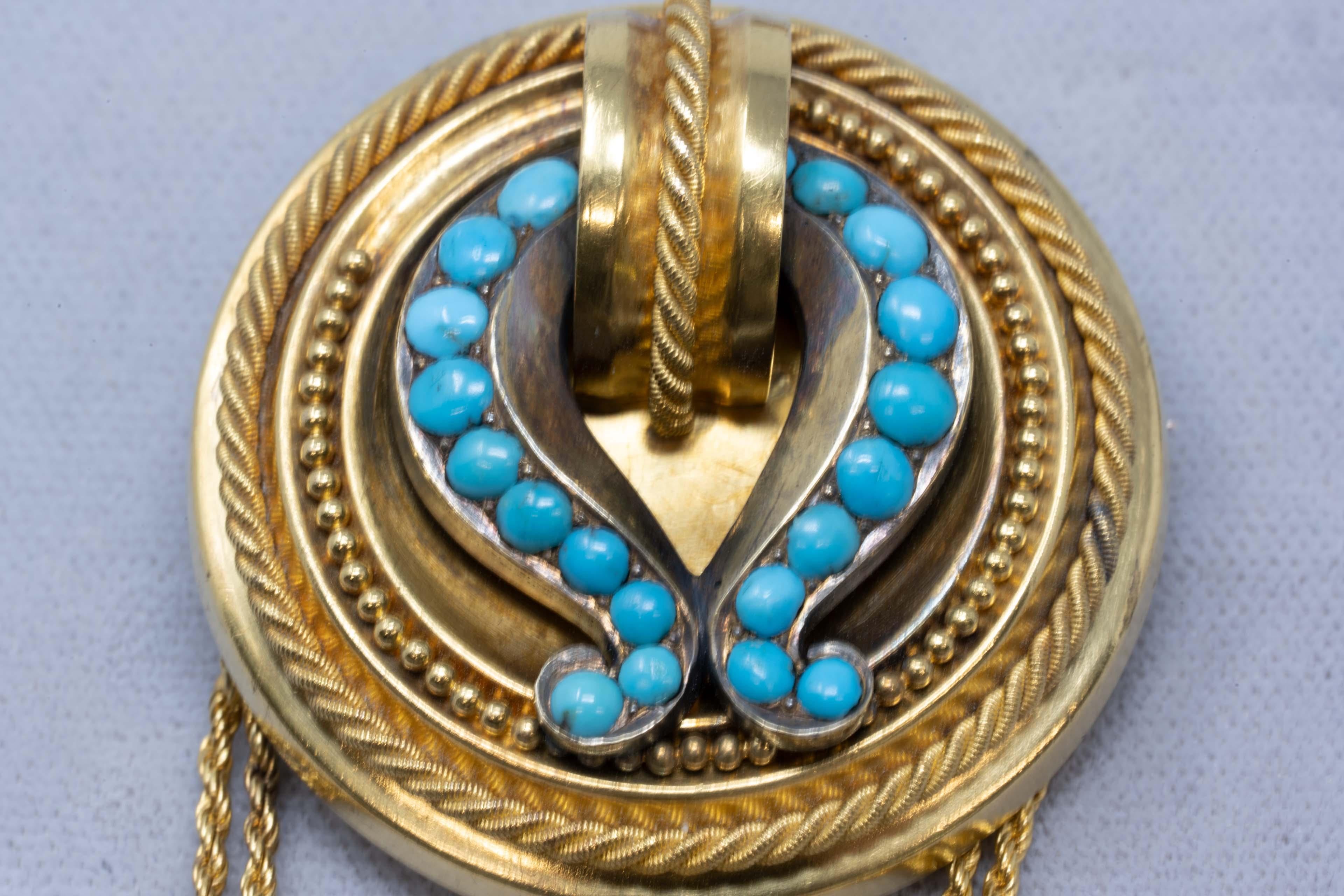 Authentic 1850's antique Victorian 15k yellow gold (tested) and turquoise brooch and earrings set. Exceptional handmade set Etruscan Revival style, brooch measures 3 1/8 inches long x 1 5/8 inches in diameter. Earrings measure 2 1/8 inches long x