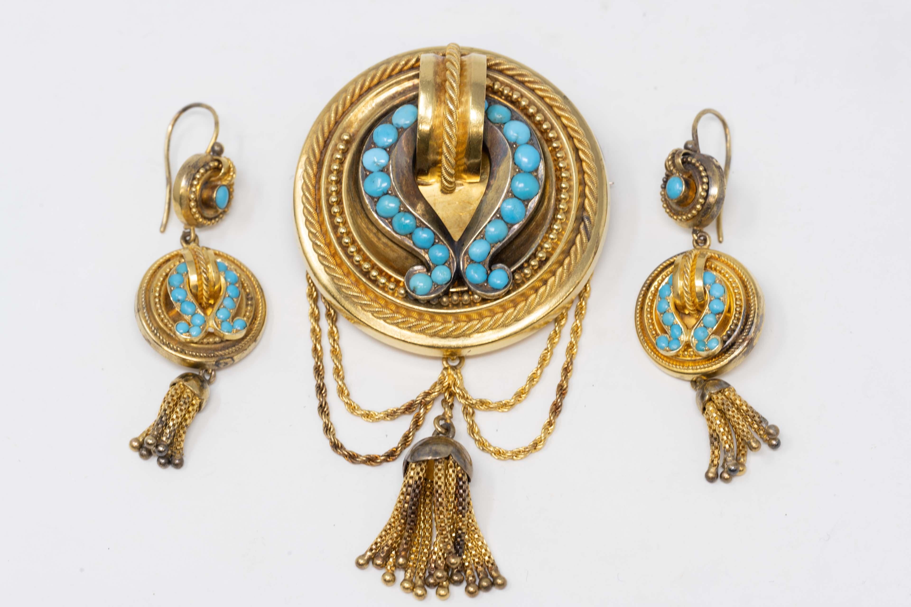 Women's Antique Victorian 15k Gold Turquoise Tassel Brooch Earrings For Sale