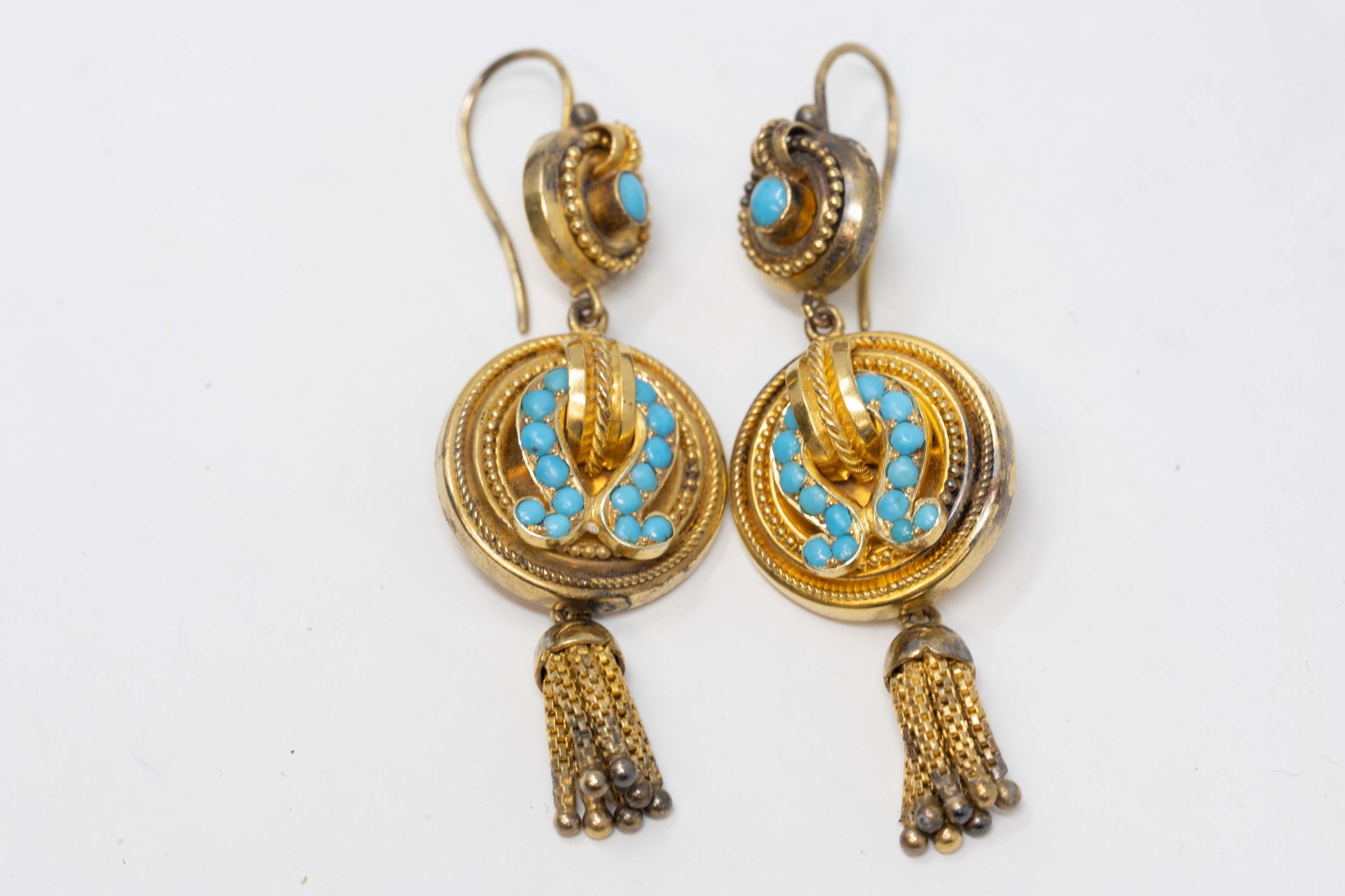 Antique Victorian 15k Gold Turquoise Tassel Brooch Earrings For Sale 2