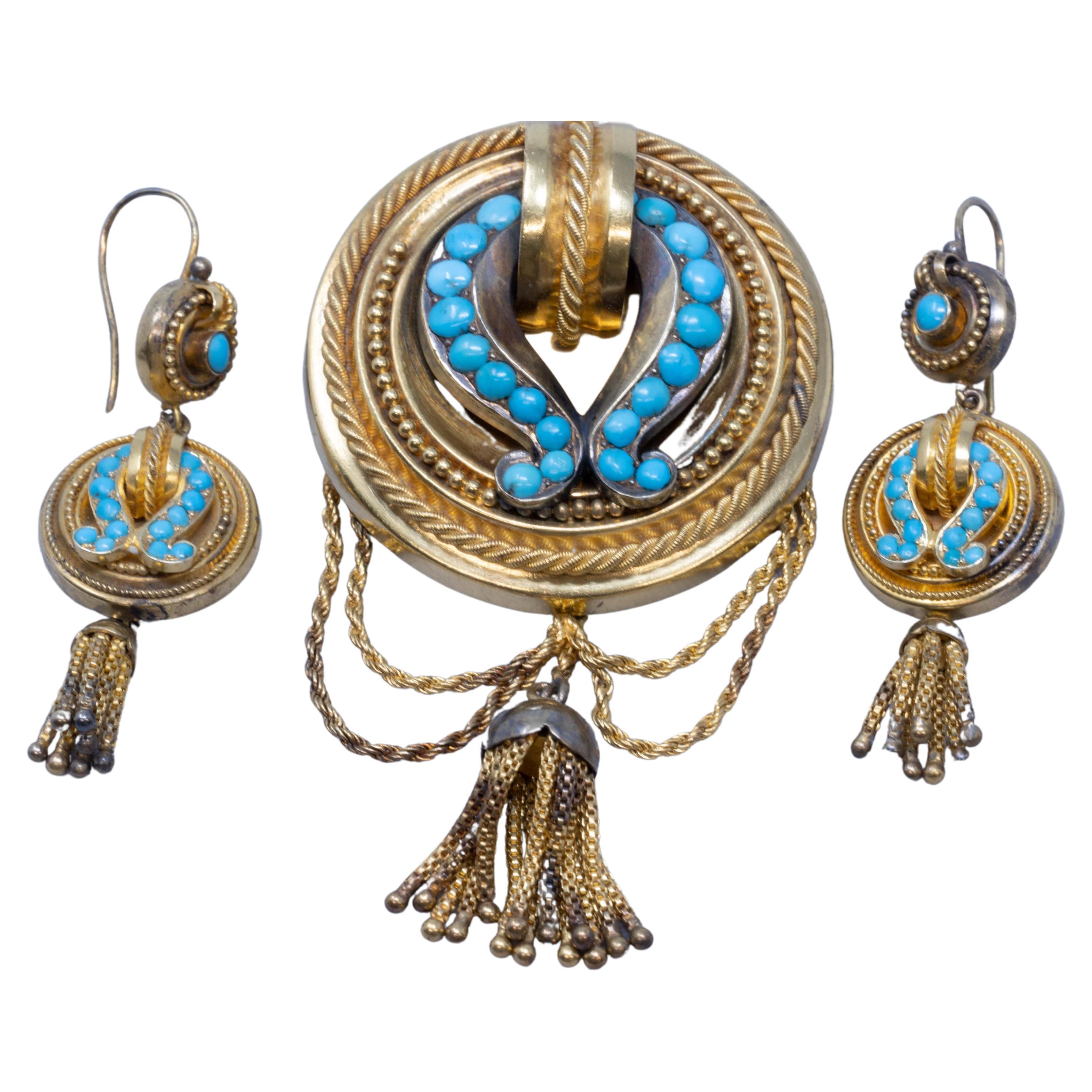 Antique Victorian 15k Gold Turquoise Tassel Brooch Earrings For Sale