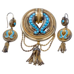 Antique Victorian 15k Gold Turquoise Tassel Brooch Earrings