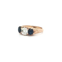 Antique Victorian 15k Rosy Gold Old Mine Cut Diamond Sapphire 3 Stone Band Ring