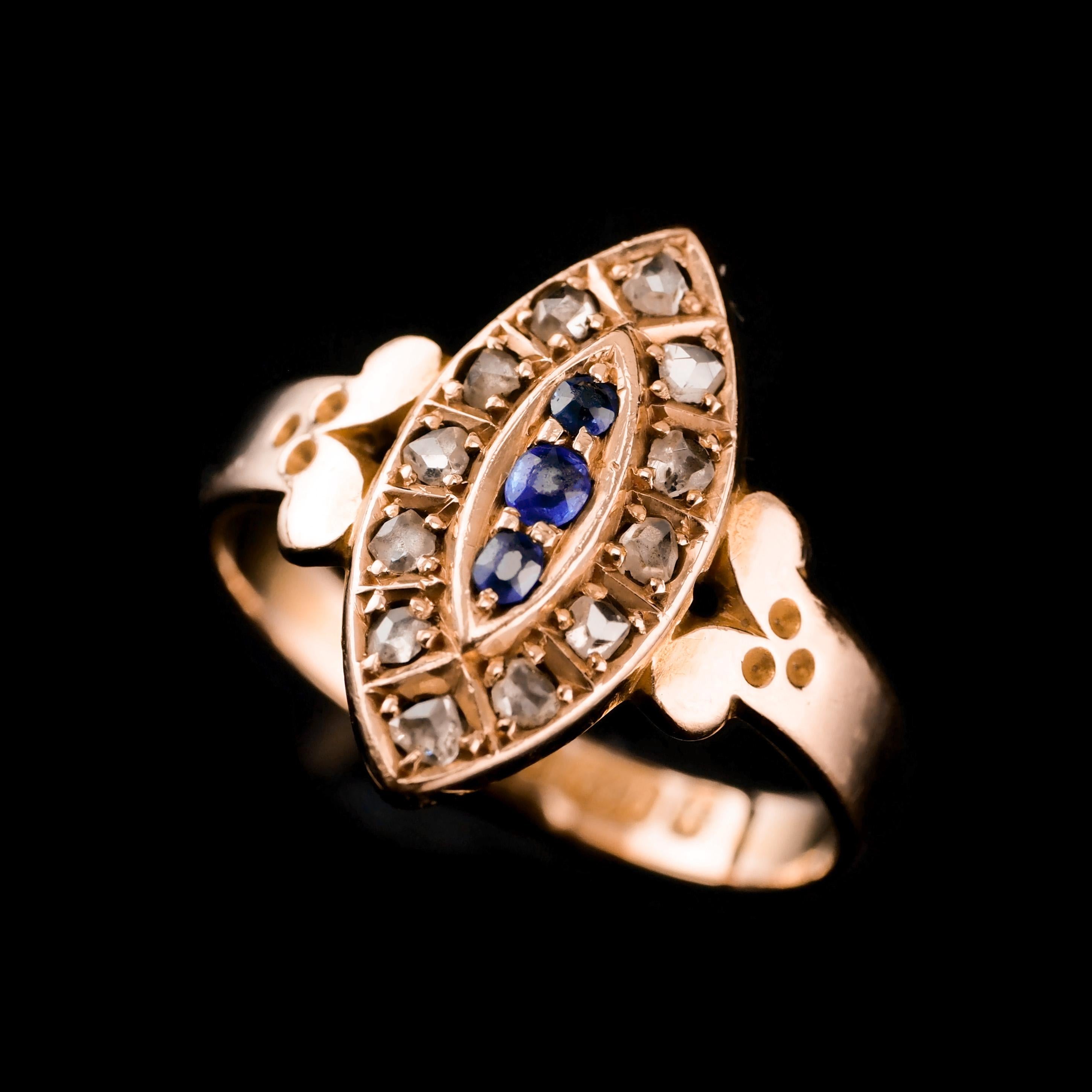 Antique Victorian 15k Sapphire and Diamond Navette Ring, Chester, 1893 7