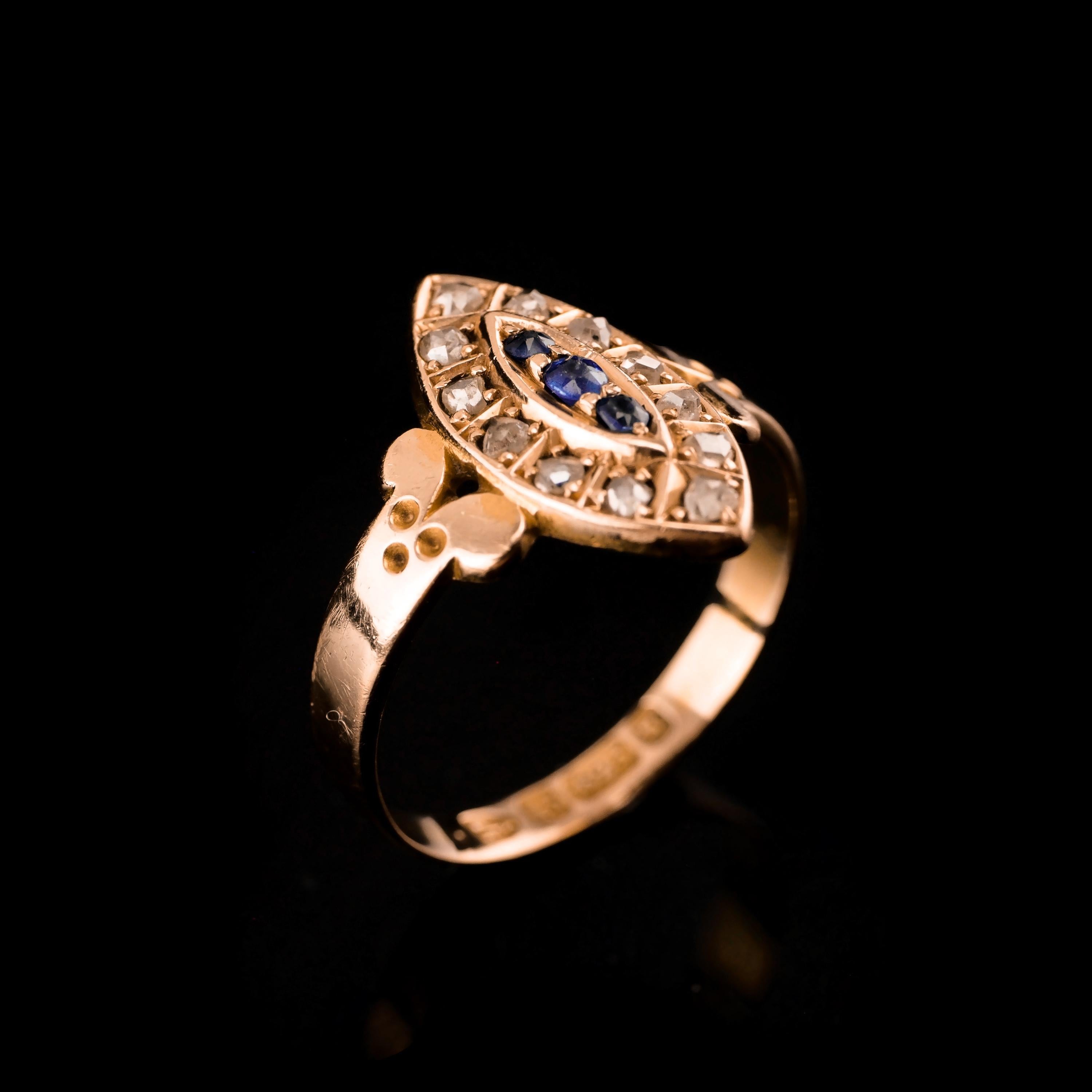 Antique Victorian 15k Sapphire and Diamond Navette Ring, Chester, 1893 8