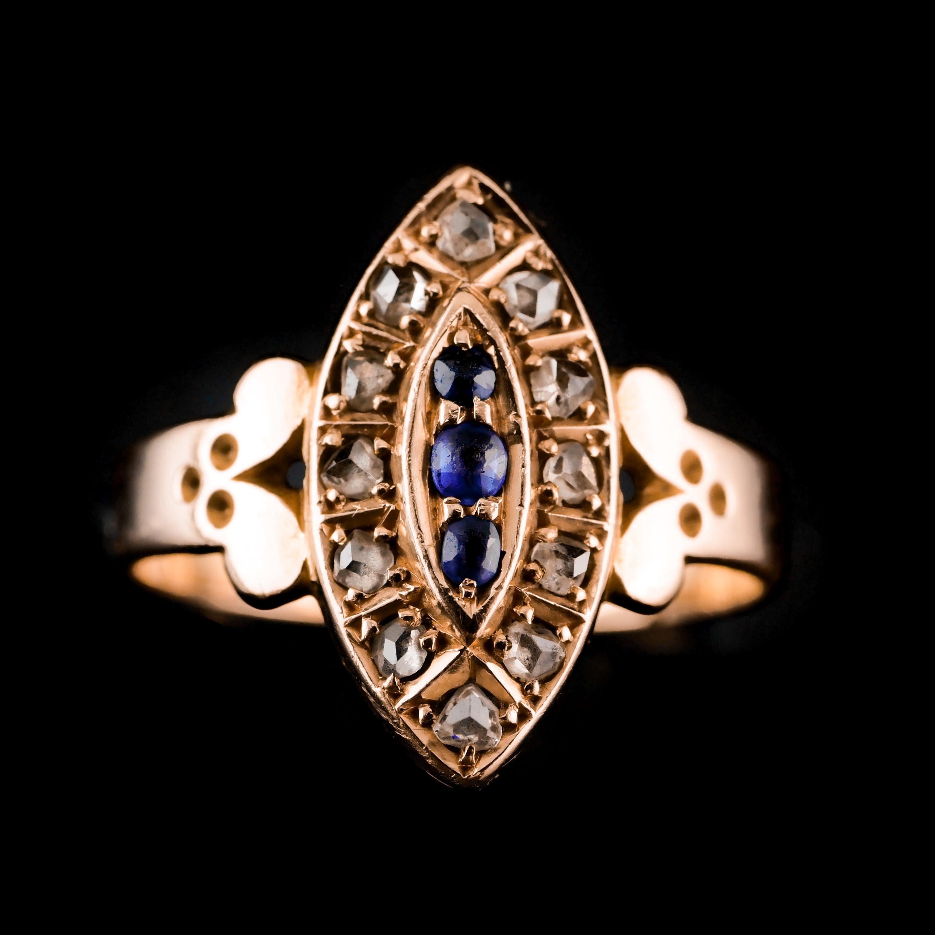 Antique Victorian 15k Sapphire and Diamond Navette Ring, Chester, 1893 9