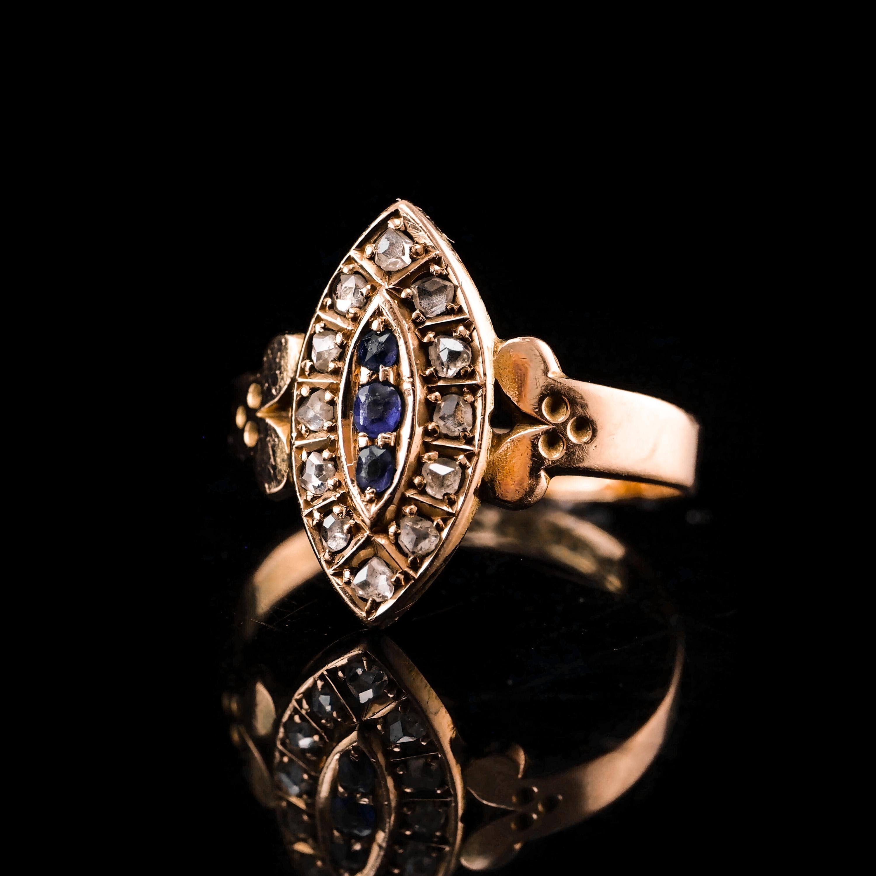 Antique Victorian 15k Sapphire and Diamond Navette Ring, Chester, 1893 10
