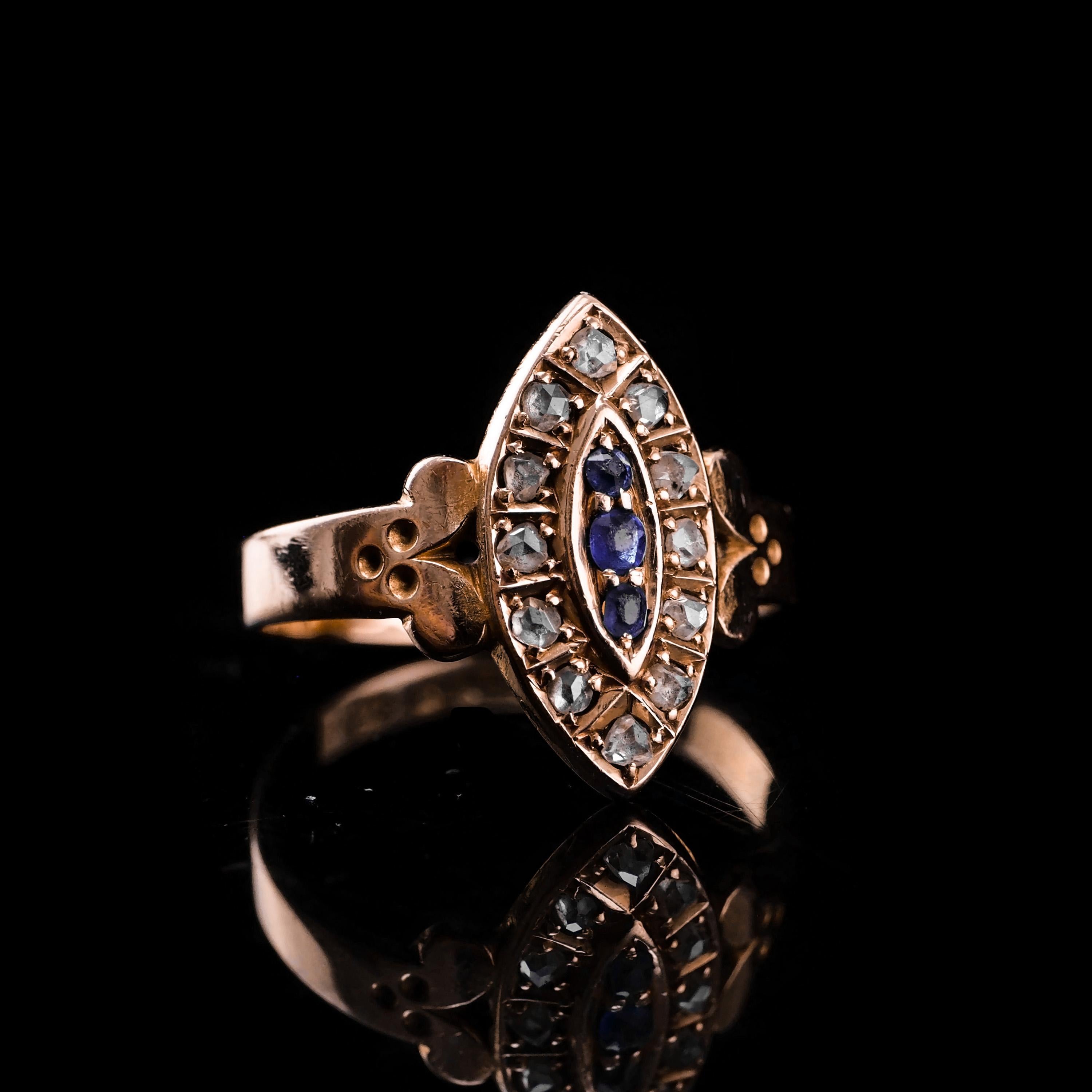 Antique Victorian 15k Sapphire and Diamond Navette Ring, Chester, 1893 In Good Condition In London, GB