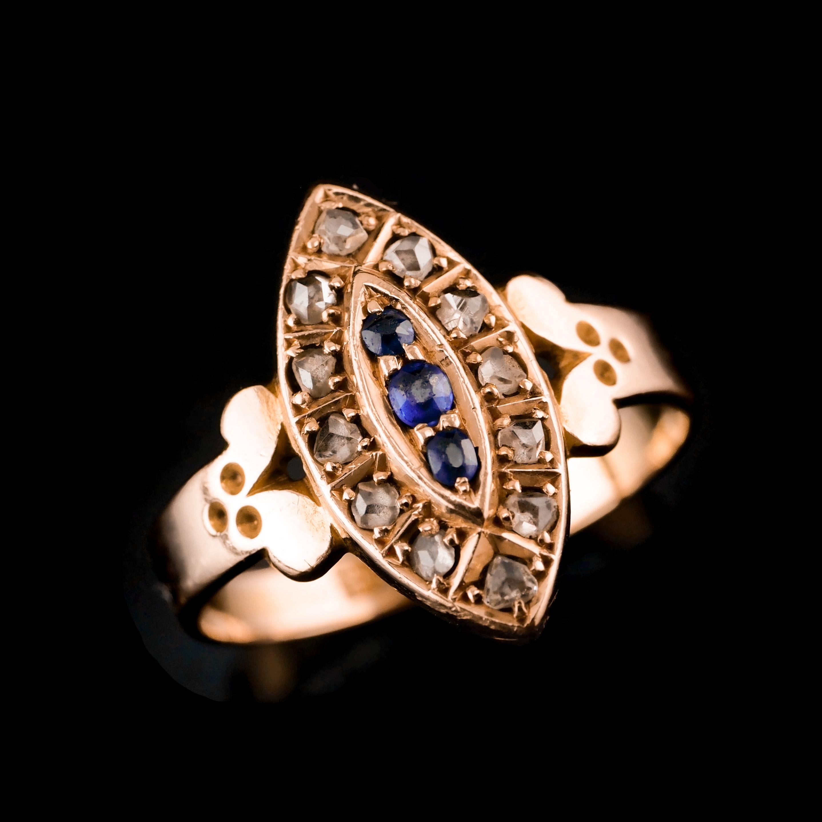 Women's or Men's Antique Victorian 15k Sapphire and Diamond Navette Ring, Chester, 1893