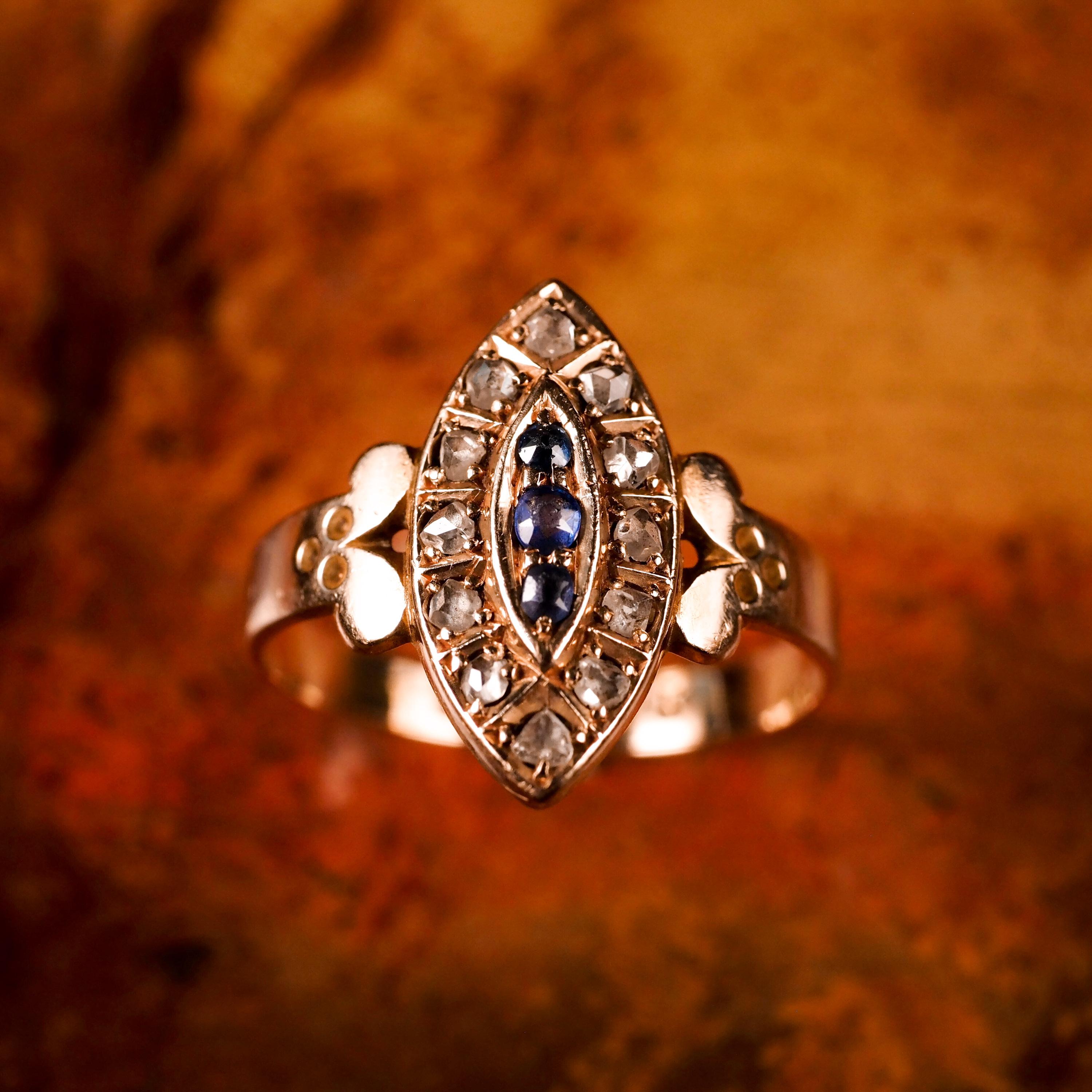 Antique Victorian 15k Sapphire and Diamond Navette Ring, Chester, 1893 1