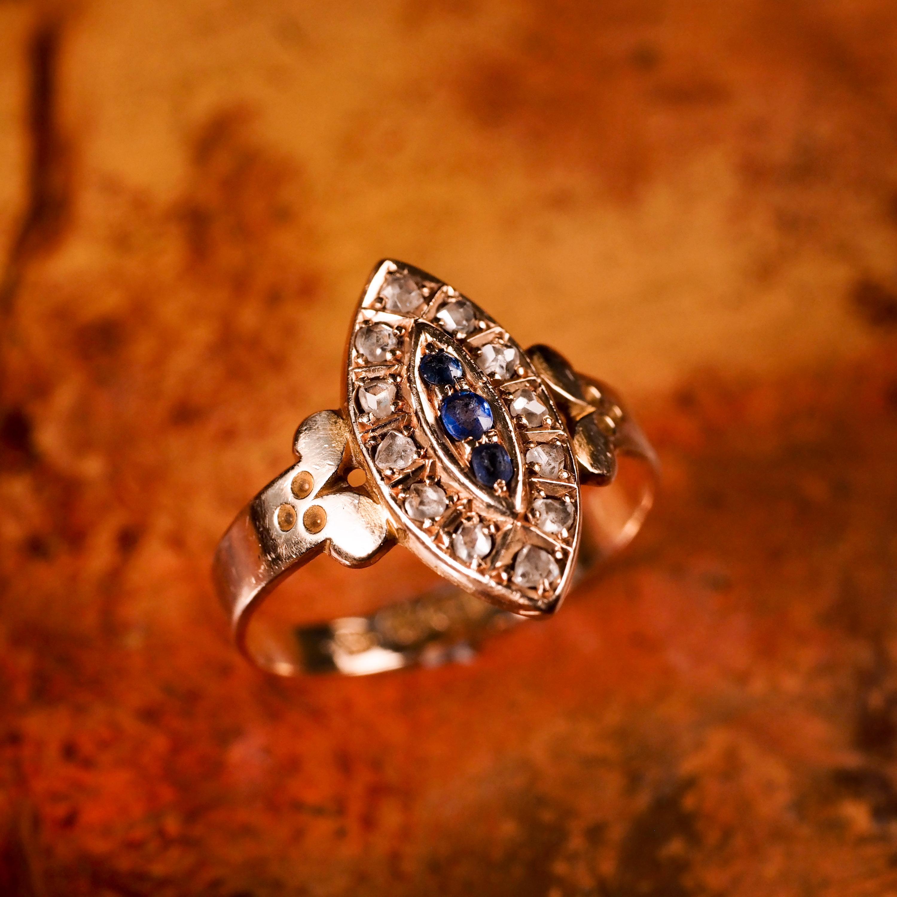Antique Victorian 15k Sapphire and Diamond Navette Ring, Chester, 1893 2