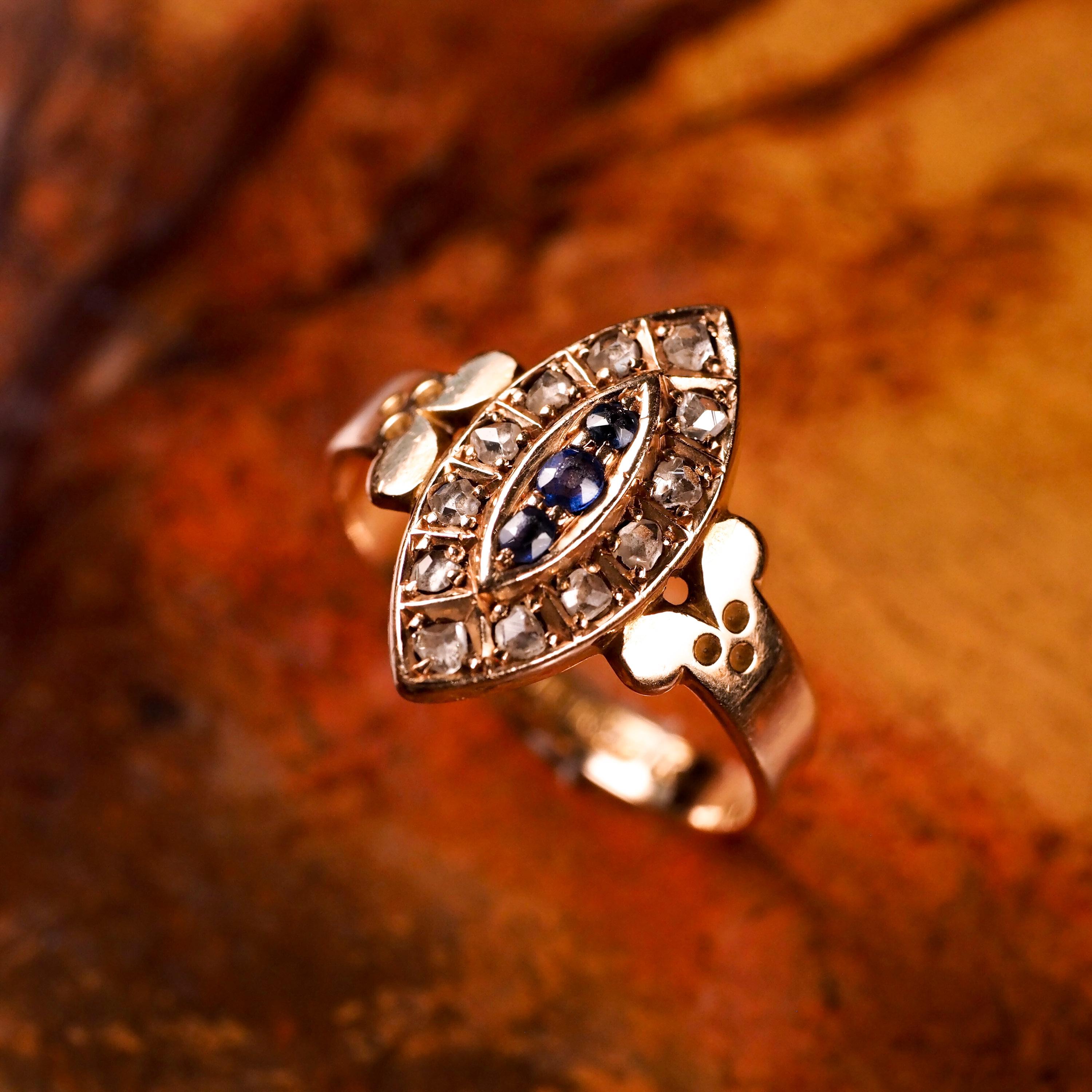 Antique Victorian 15k Sapphire and Diamond Navette Ring, Chester, 1893 3