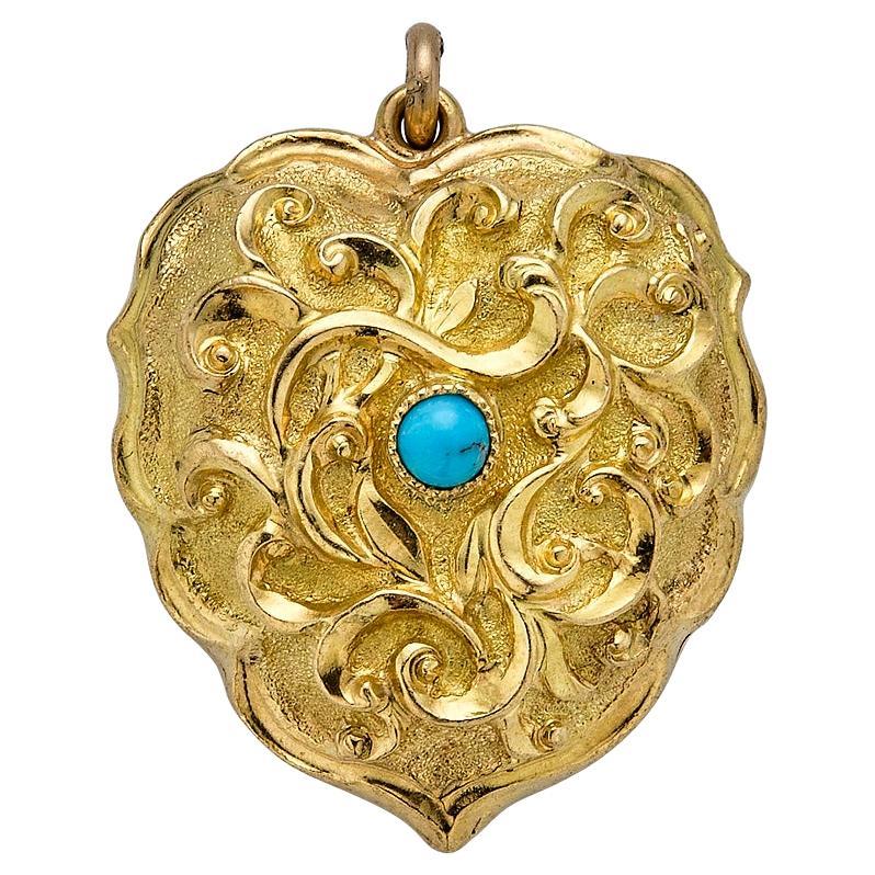 Antikes viktorianisches 15k Türkis-Herz-Medaillon aus Herz