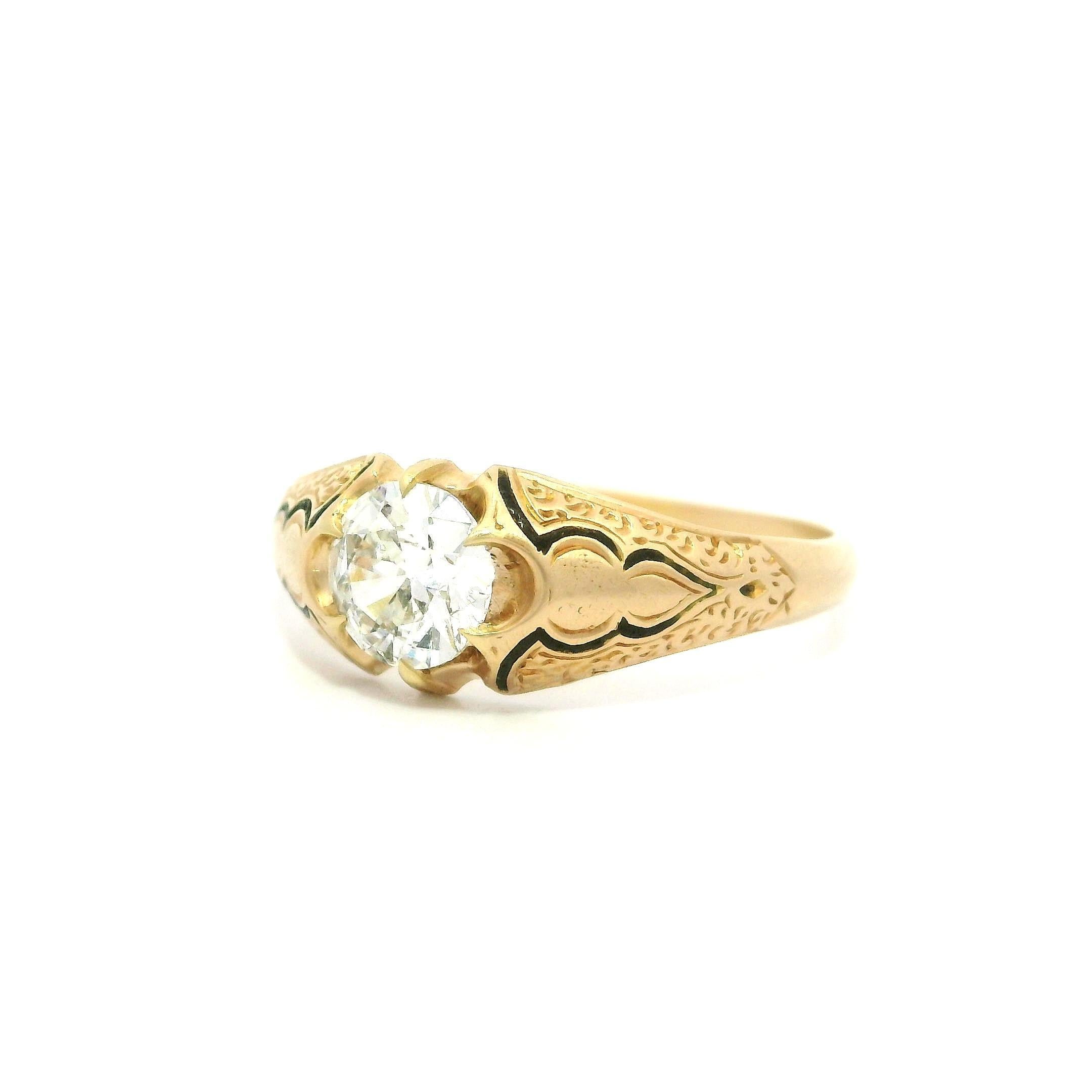 Anillo Solitario Victoriano Antiguo de Oro Amarillo de 15k 0,54ctw Diamante y Esmalte Negro en venta 3