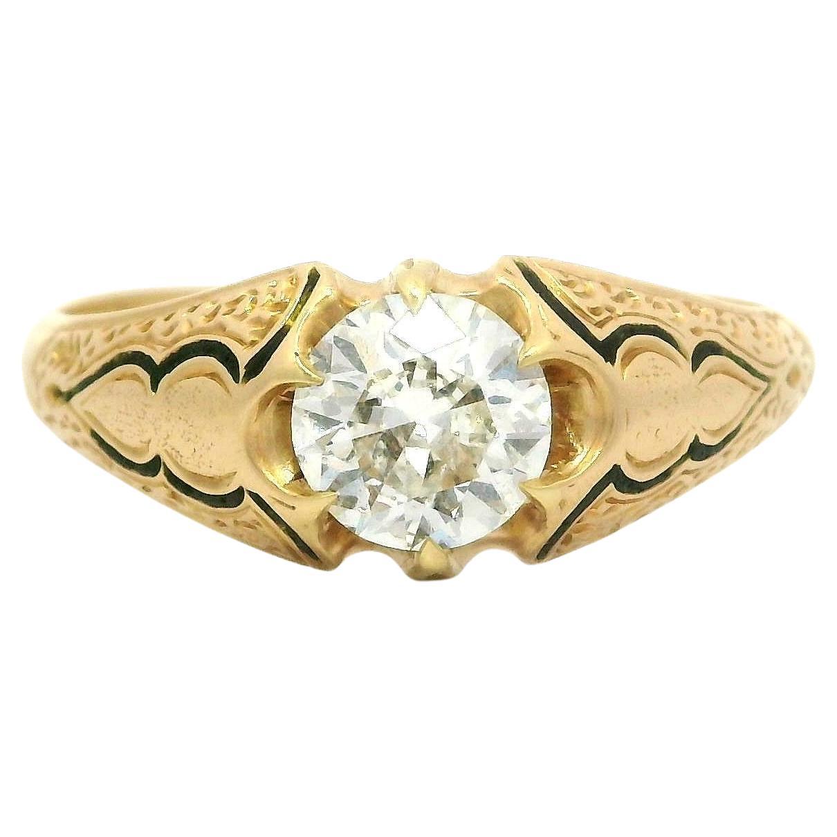 Anillo Solitario Victoriano Antiguo de Oro Amarillo de 15k 0,54ctw Diamante y Esmalte Negro