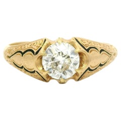 Antique Victorian 15k Yellow Gold 0.54ctw Diamond & Black Enamel Solitaire Ring