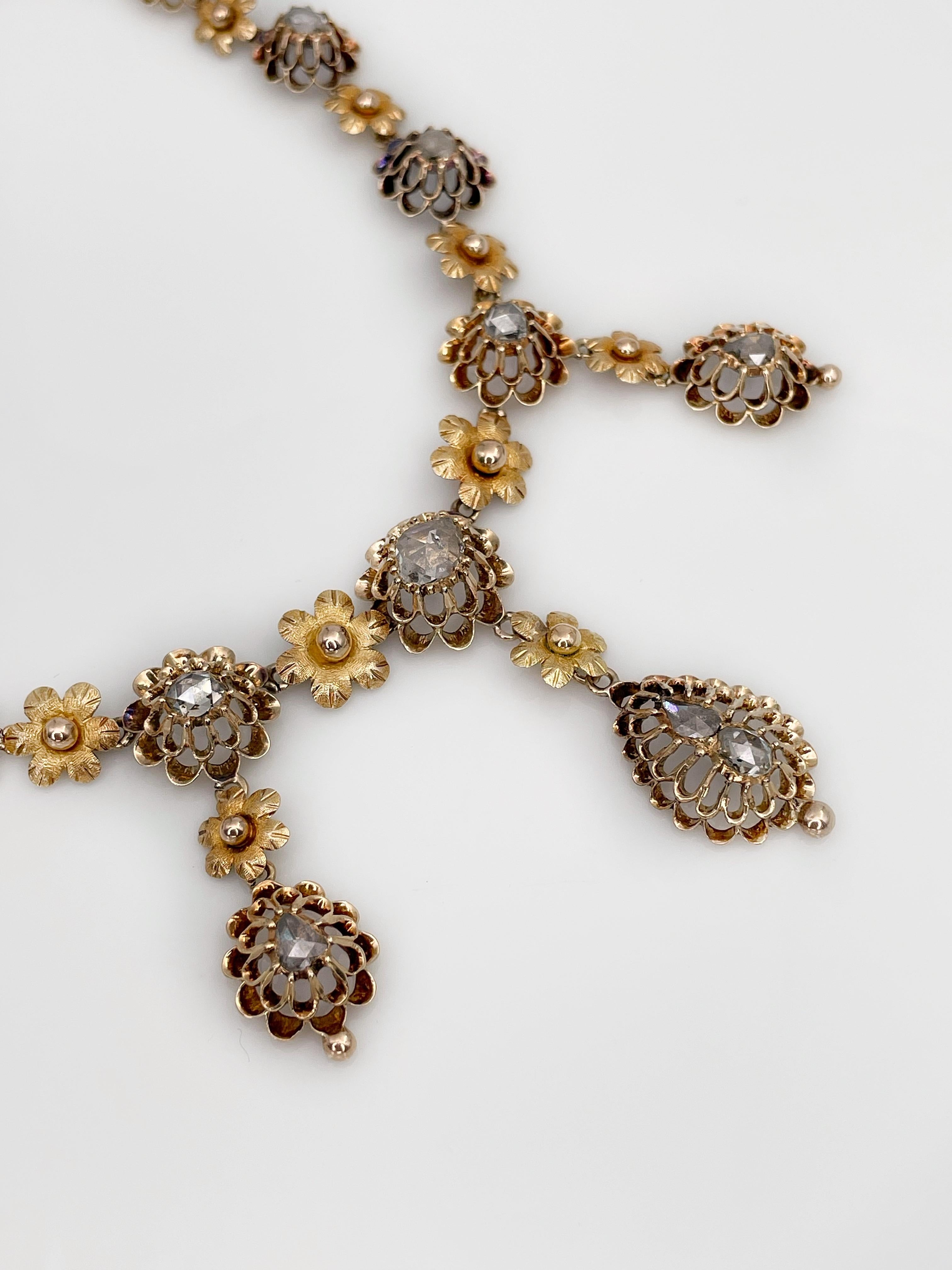 Women's or Men's Antique Victorian 15K Yellow Gold and Rose Cut Diamonds Floral Necklace