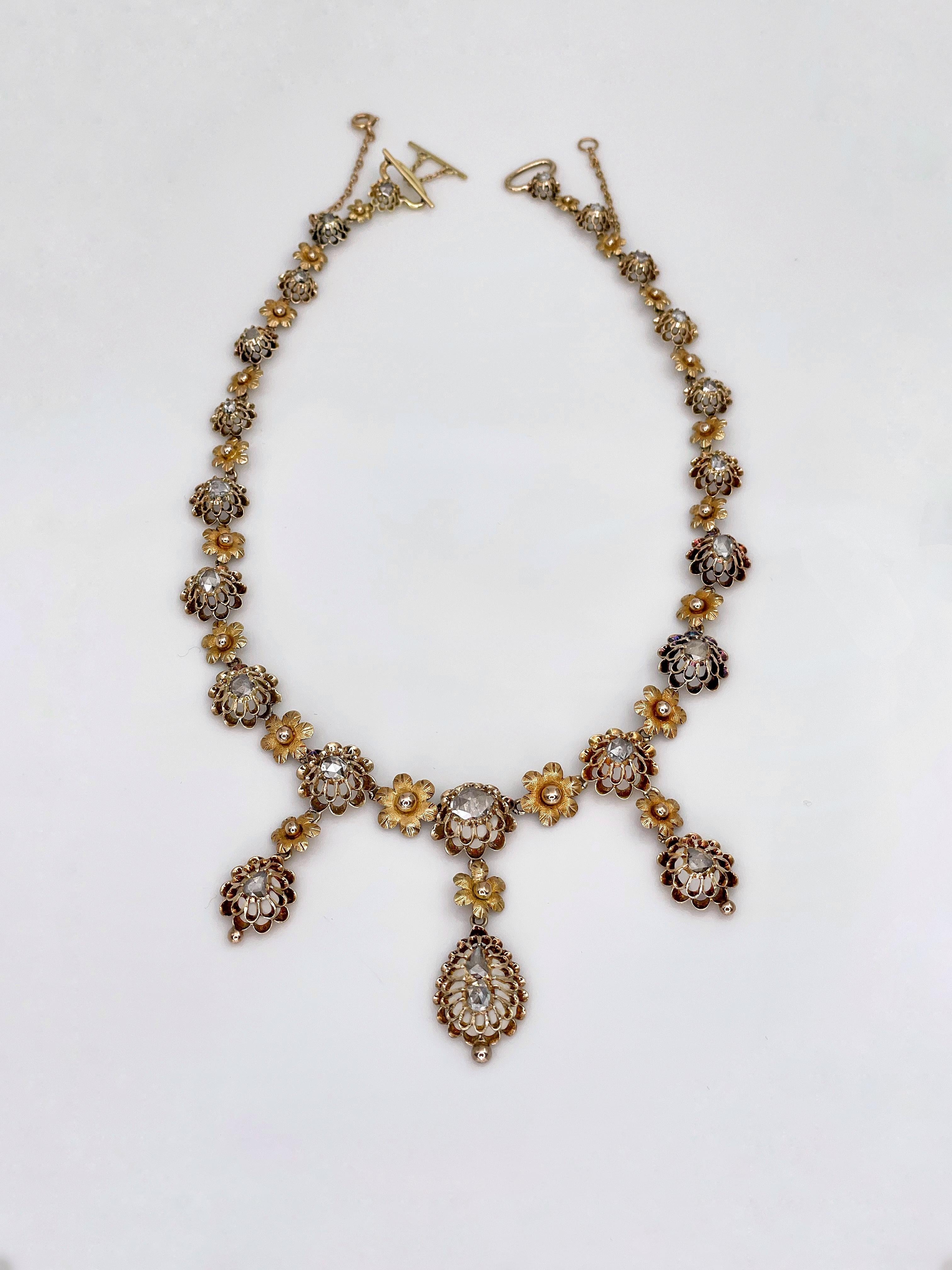 Antique Victorian 15K Yellow Gold and Rose Cut Diamonds Floral Necklace 1