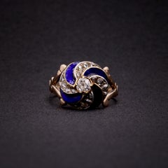 Antique Victorian 15K Yellow Gold and Silver Blue Enamel & Old Cut Diamond Ring