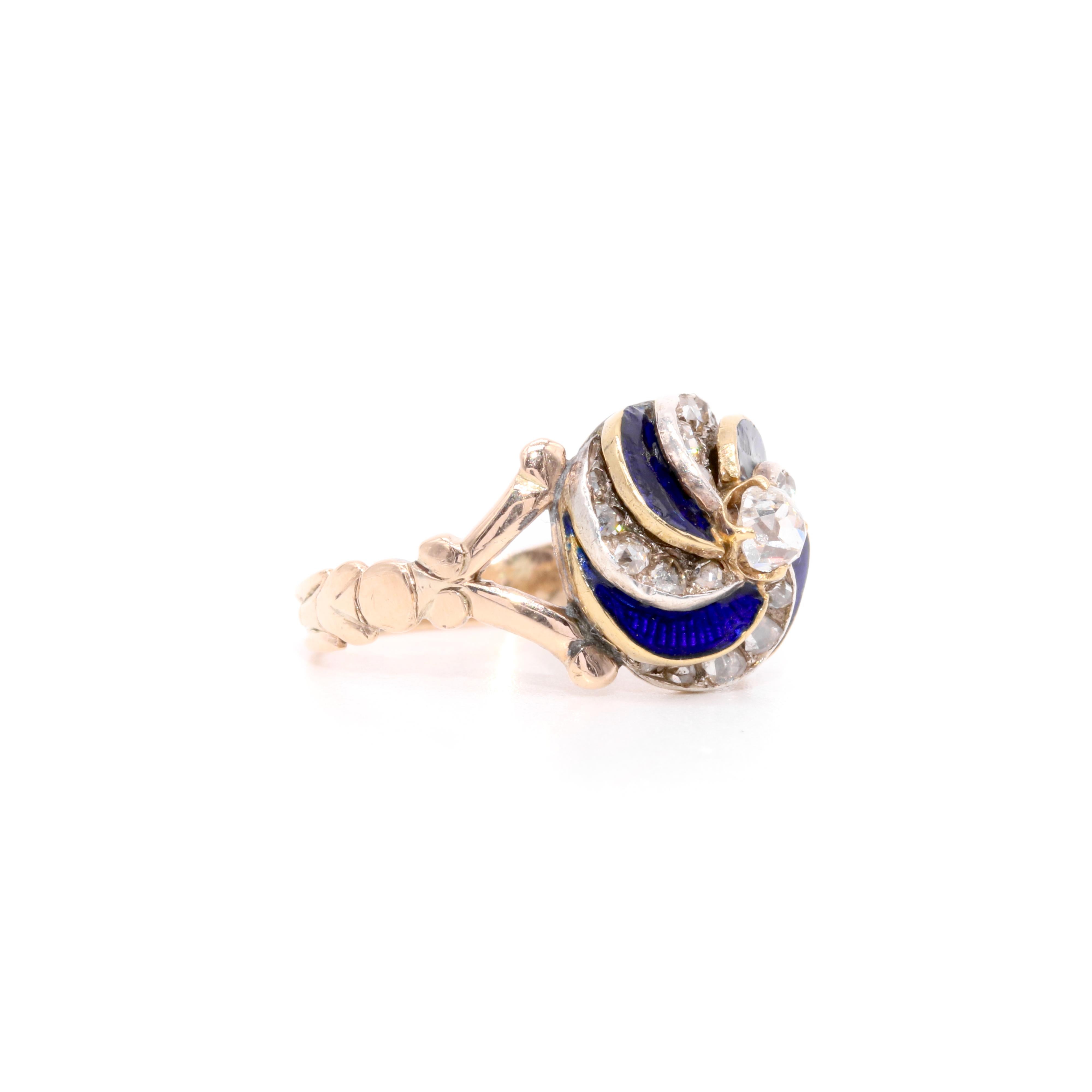 Antique Victorian 15K Yellow Gold and Silver Blue Enamel & Old Cut Diamond Ring In Good Condition For Sale In Staines-Upon-Thames, GB