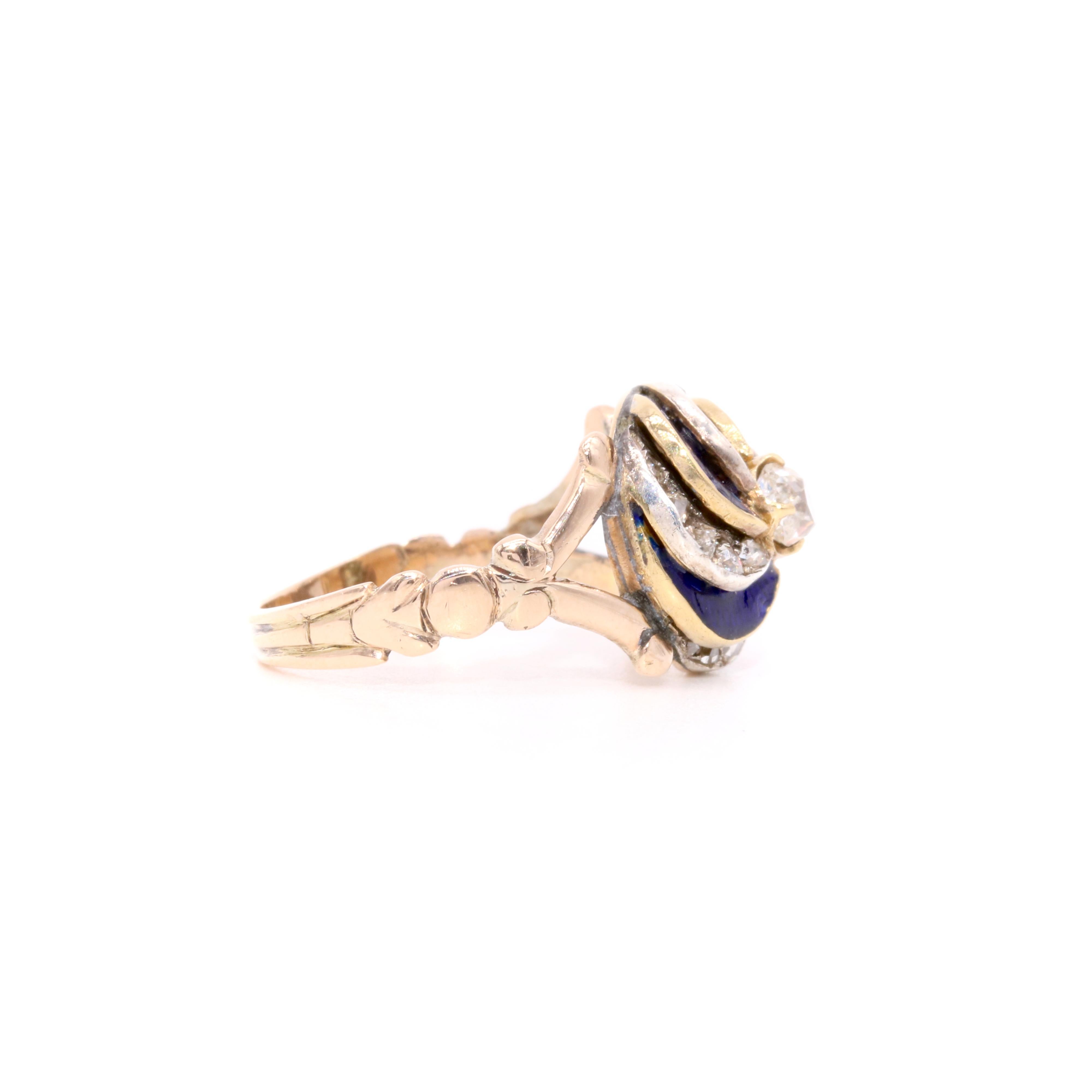 Women's or Men's Antique Victorian 15K Yellow Gold and Silver Blue Enamel & Old Cut Diamond Ring For Sale
