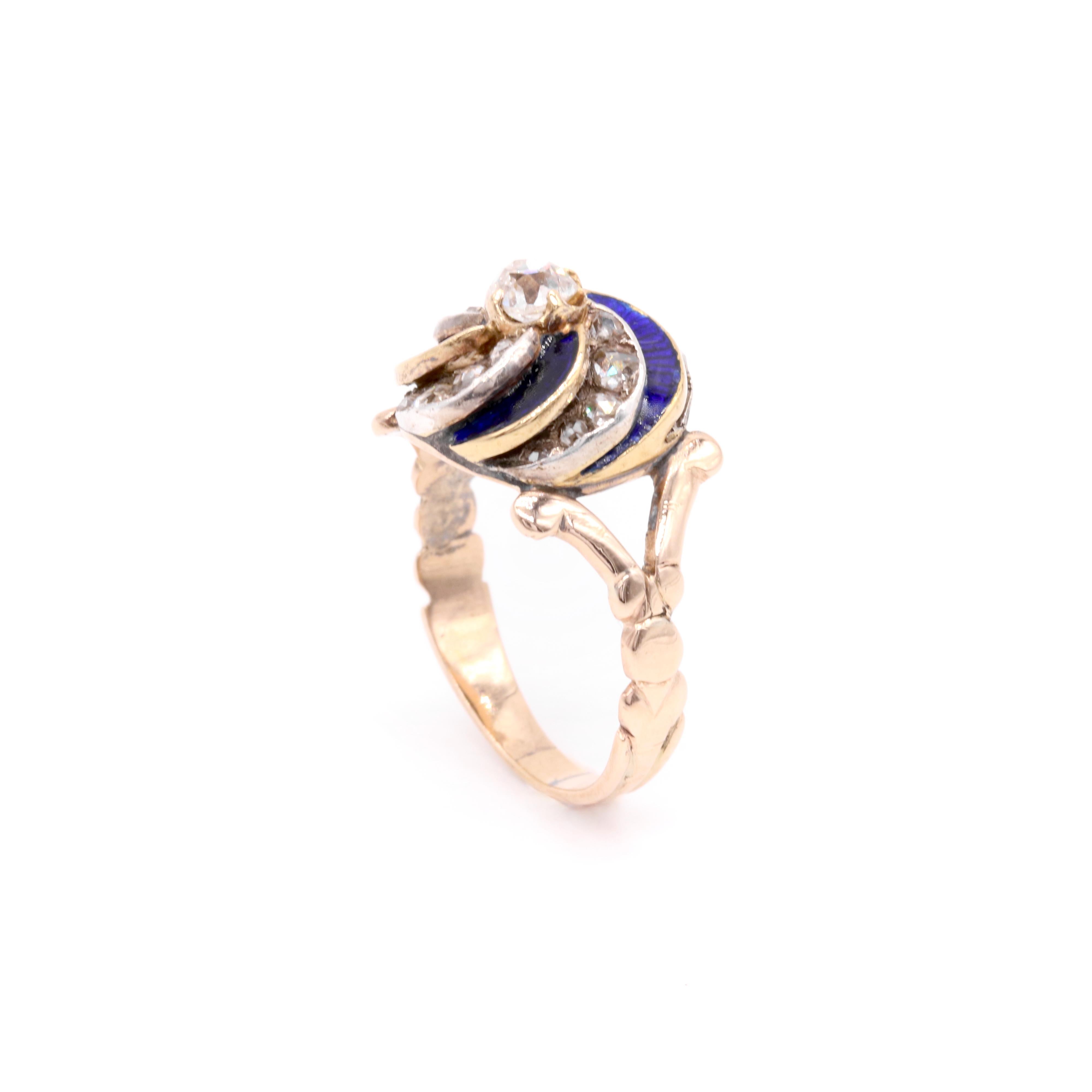 Antique Victorian 15K Yellow Gold and Silver Blue Enamel & Old Cut Diamond Ring For Sale 2
