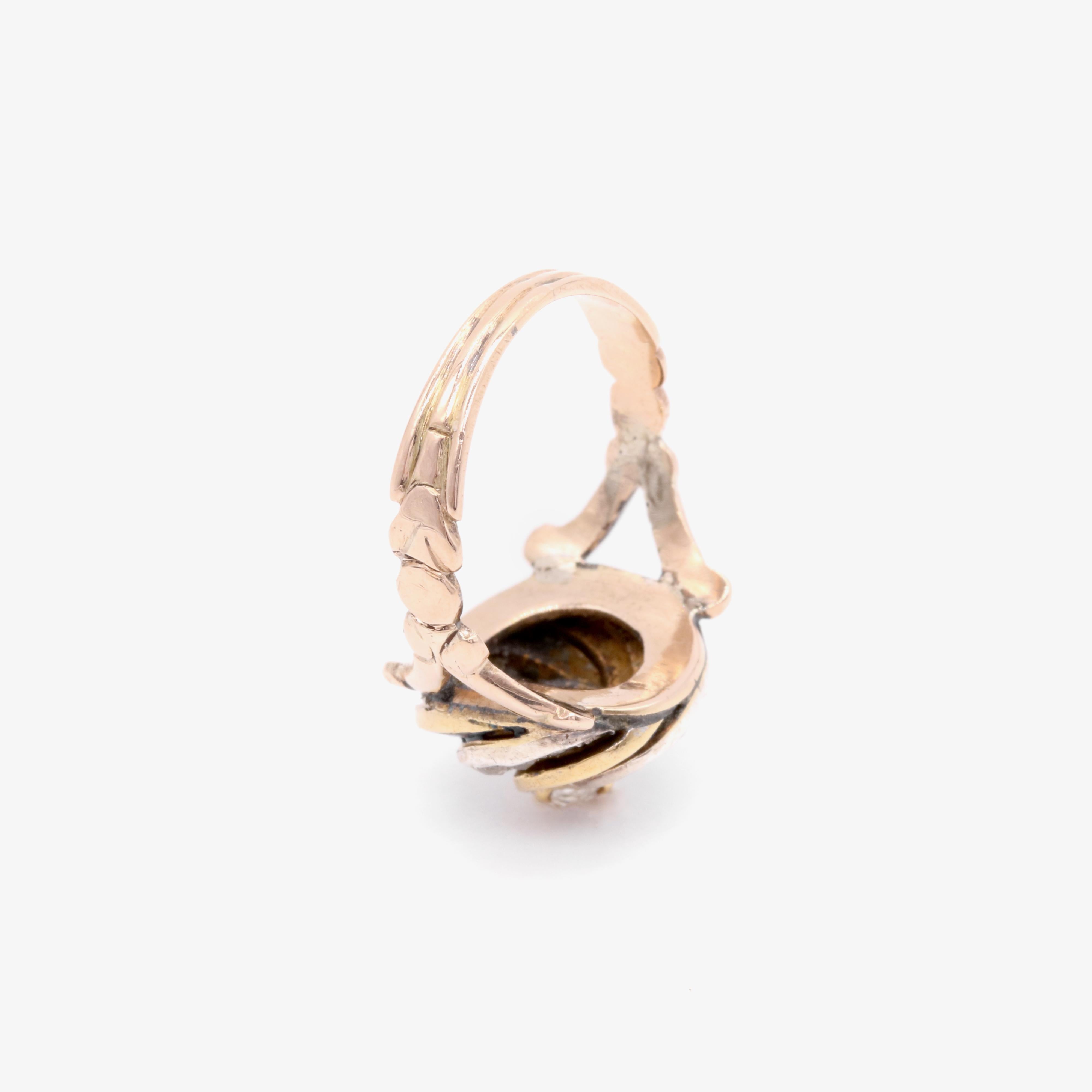 Antique Victorian 15K Yellow Gold and Silver Blue Enamel & Old Cut Diamond Ring For Sale 3