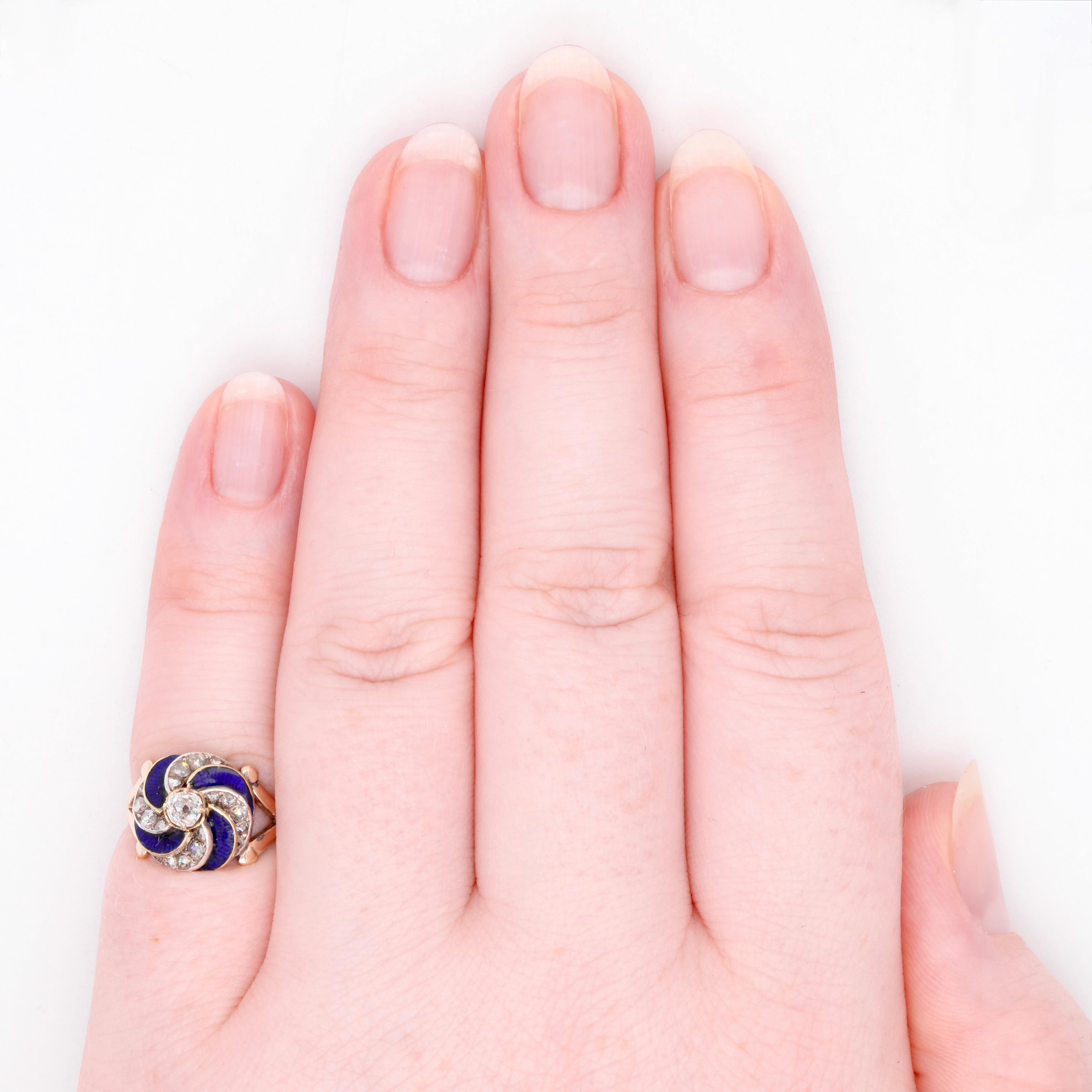 Antique Victorian 15K Yellow Gold and Silver Blue Enamel & Old Cut Diamond Ring For Sale 4