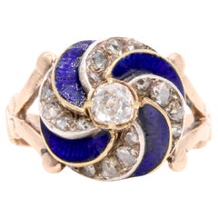 Antique Victorian 15K Yellow Gold and Silver Blue Enamel & Old Cut Diamond Ring